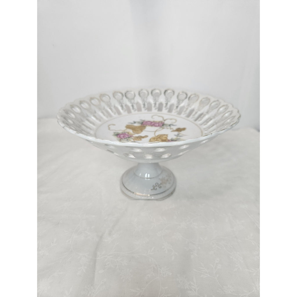 Vintage Pierced Reticulated Porcelain Pedestal Compote Bowl Gold Flowers Japan