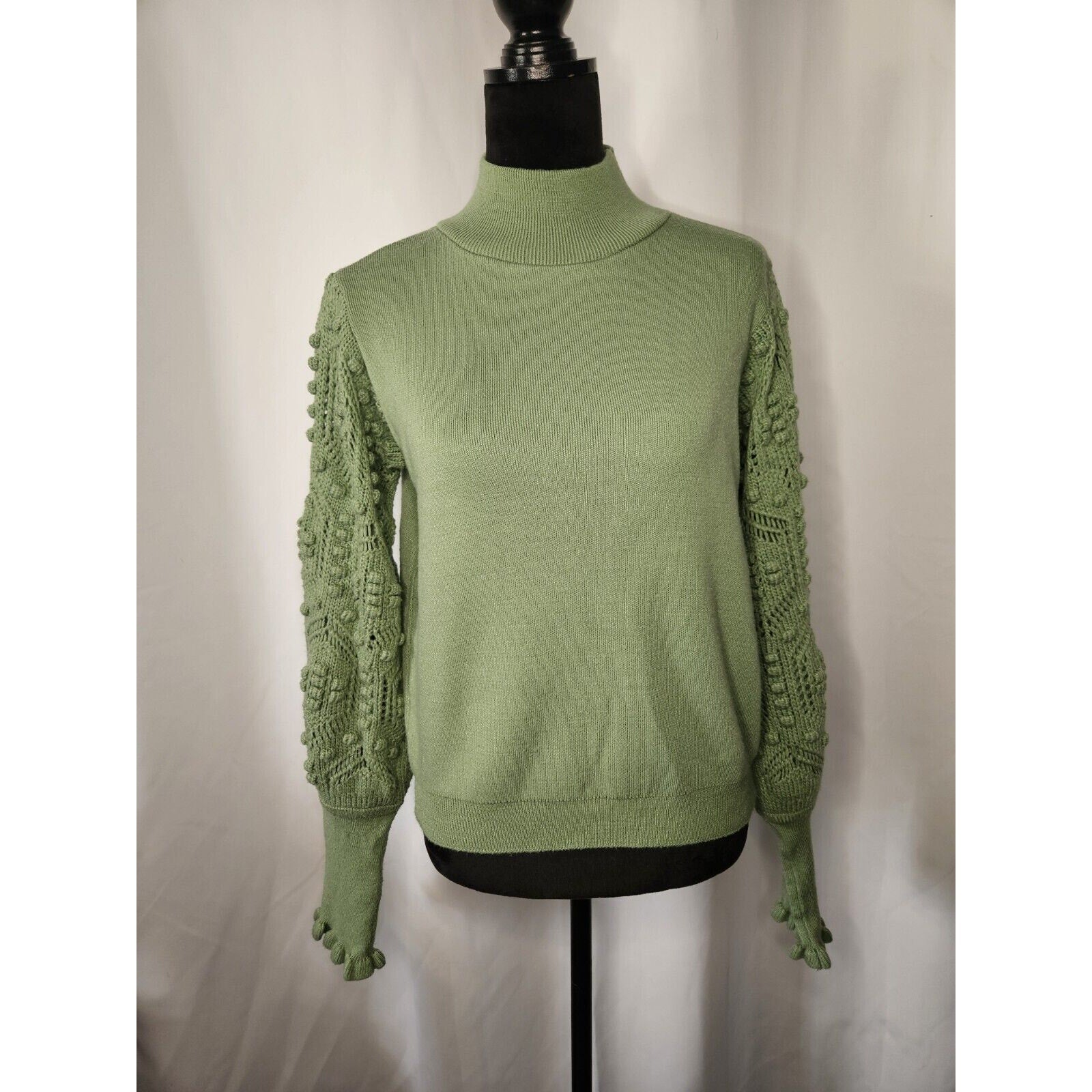 AQE Fashion Turtleneck Balloon Lace Sleeve Sweater Green Boho Fairy Small