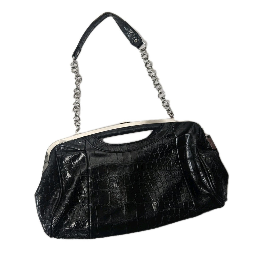 Aphorism Black Clutch Purse Faux Leather Crocodile Design Chain Strap