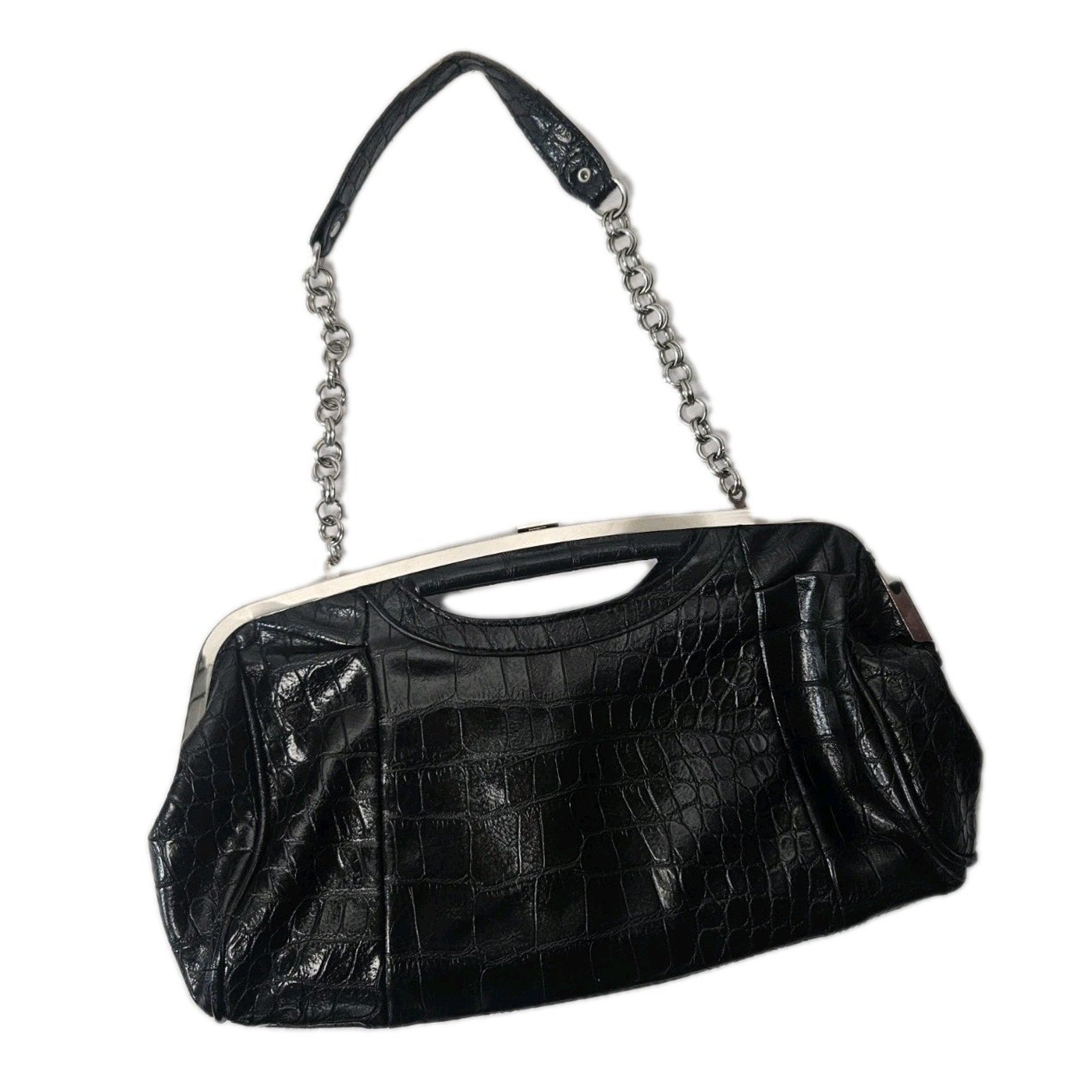 Aphorism Black Clutch Purse Faux Leather Crocodile Design Chain Strap