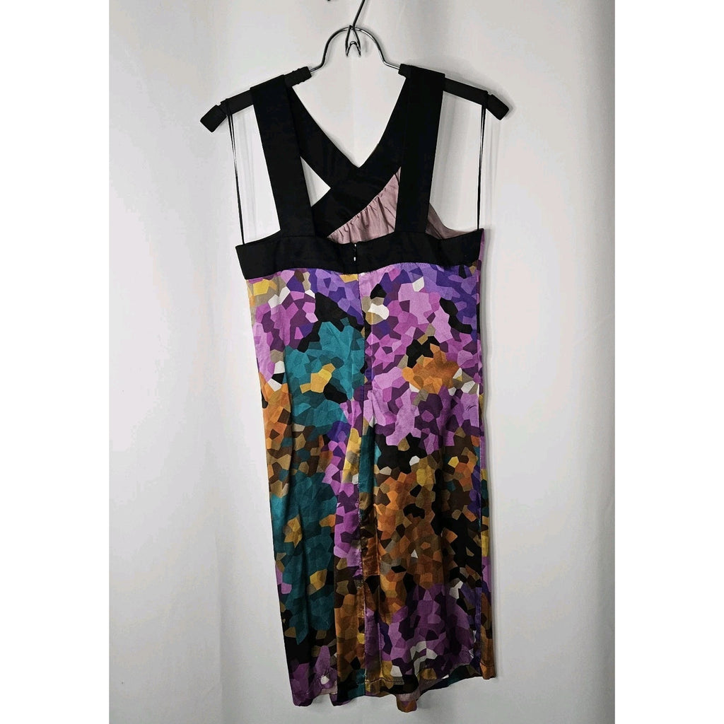 Trina Turk Dress Multicolor Pixelated 100% Silk Criss Cross Neck Size 2