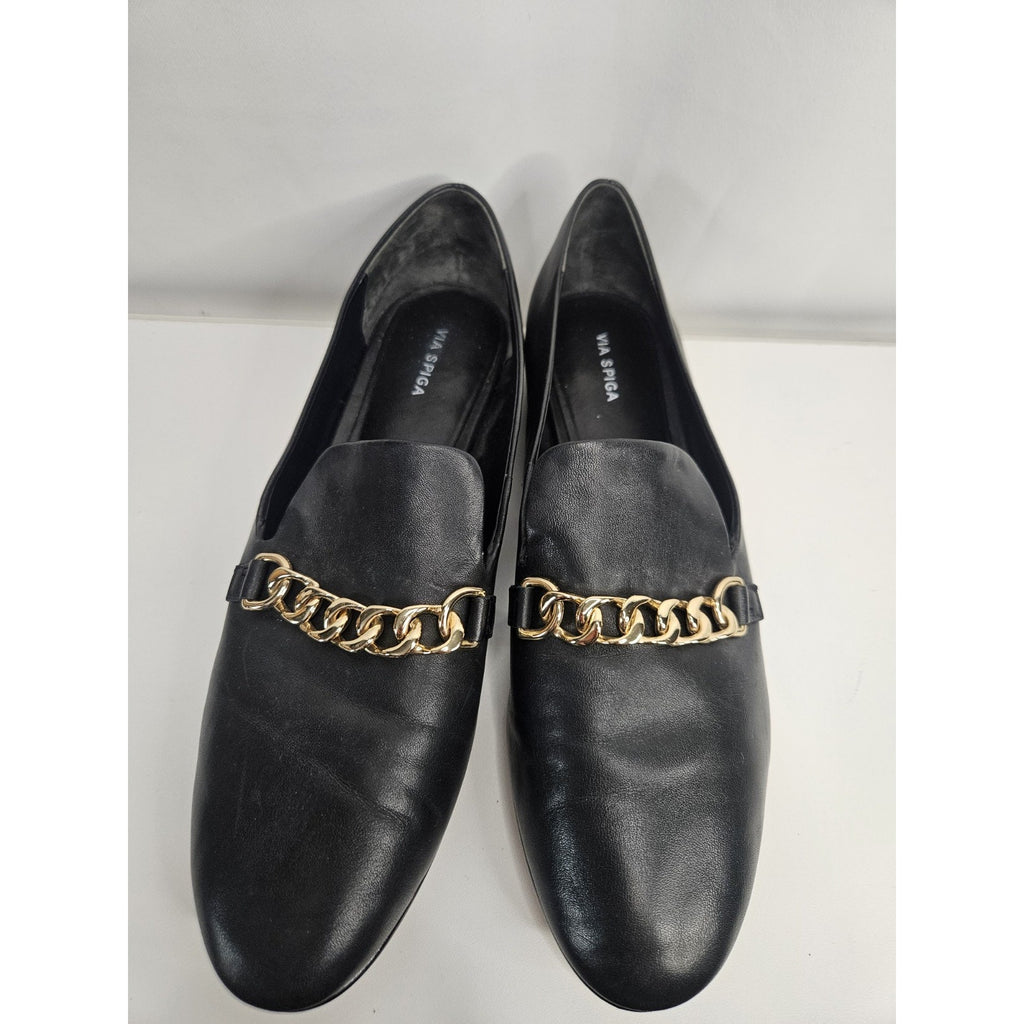 Via Spiga Women’s Leather Loafers Yania Size 7.5 M Black Gold Chain Link