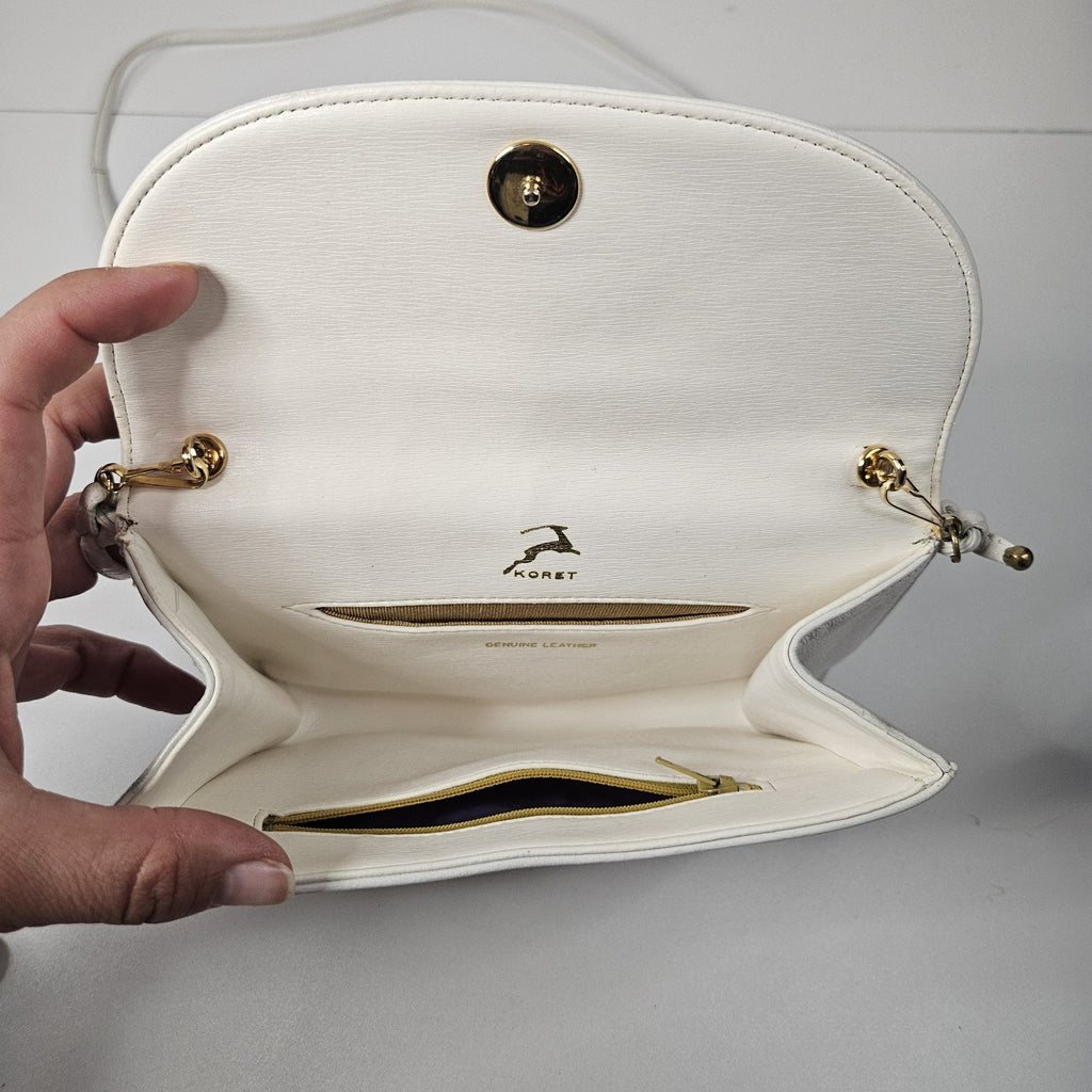 Vintage KORET 100% White Genuine Leather Crossbody Purse-B130 1960s Gold Tone