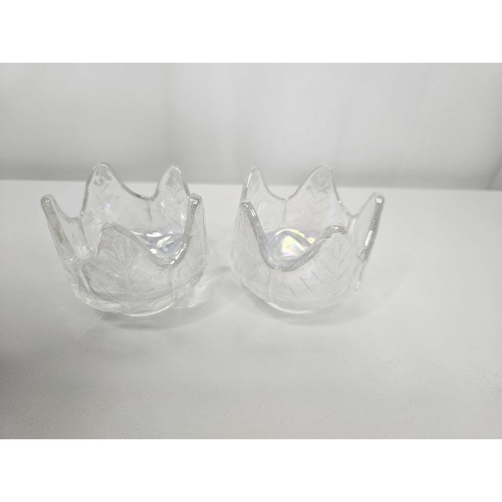 Iridescent Glass Tulip Votives Gorgeous White Vintage Candle Holders Pair 2"x2"
