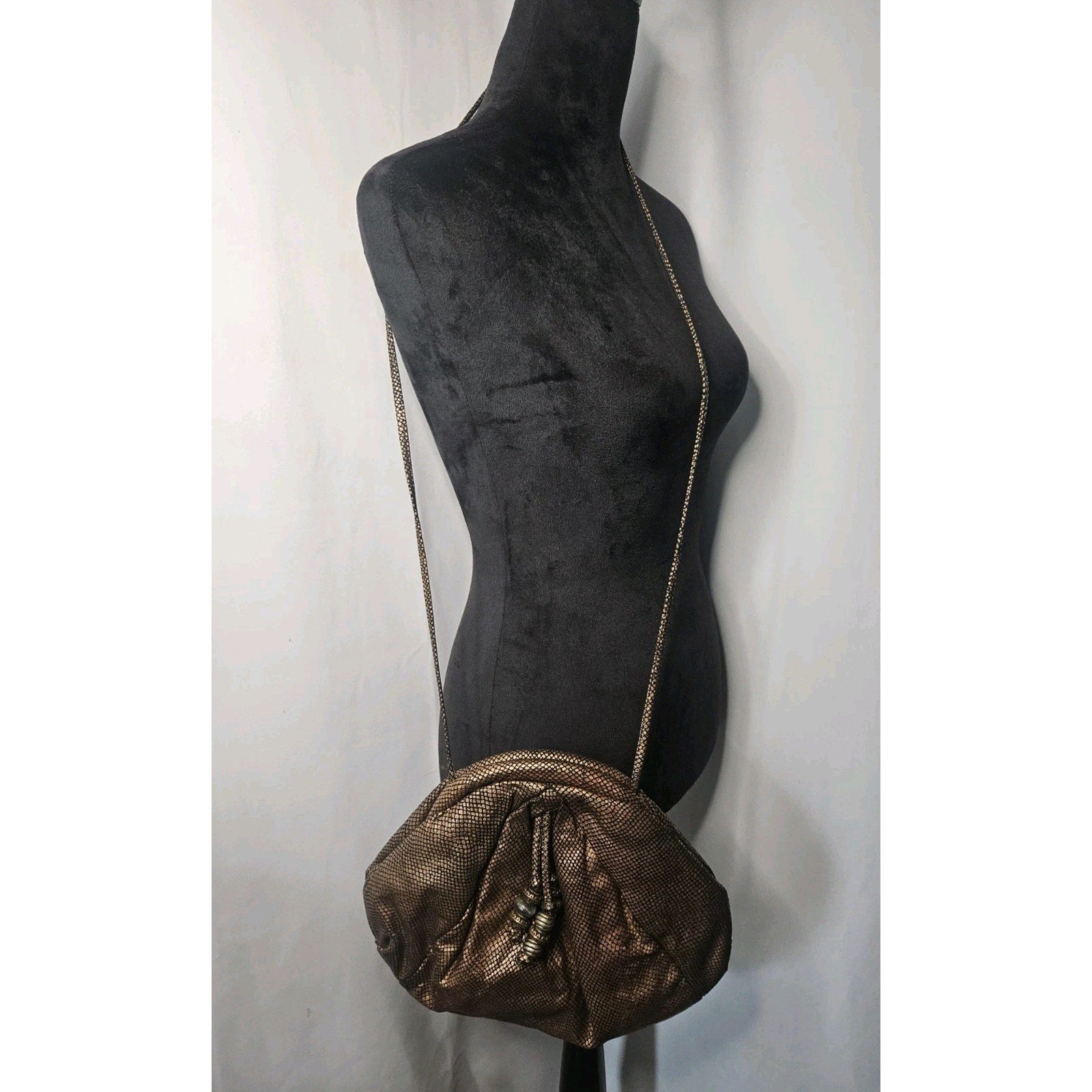 Vintage 80s Faux Bronze Cloth Snake Skin Purse Clam Shell Closure Crossbody