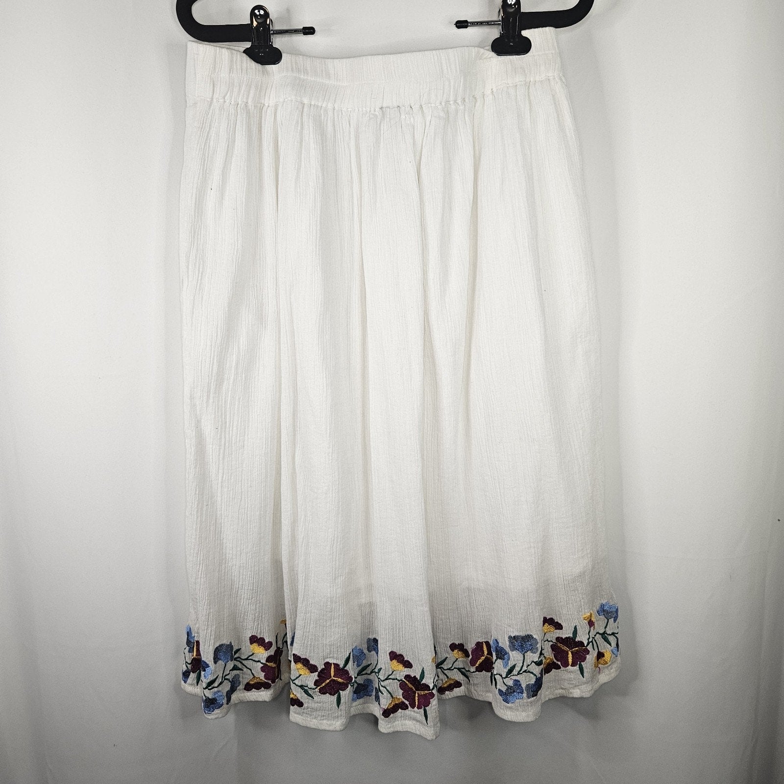 Antthony Mexicali Embroidered Floral Cotton Gauze Box Pleat Skirt White Medium