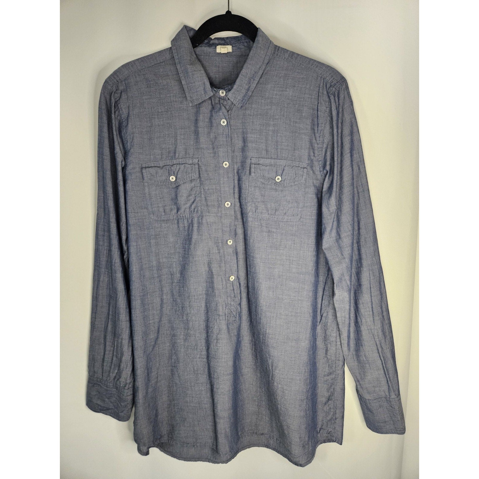 J.CREW 100% Cotton 1/2 Button Down popover shirt Long Tunic blue Sz Large 596A