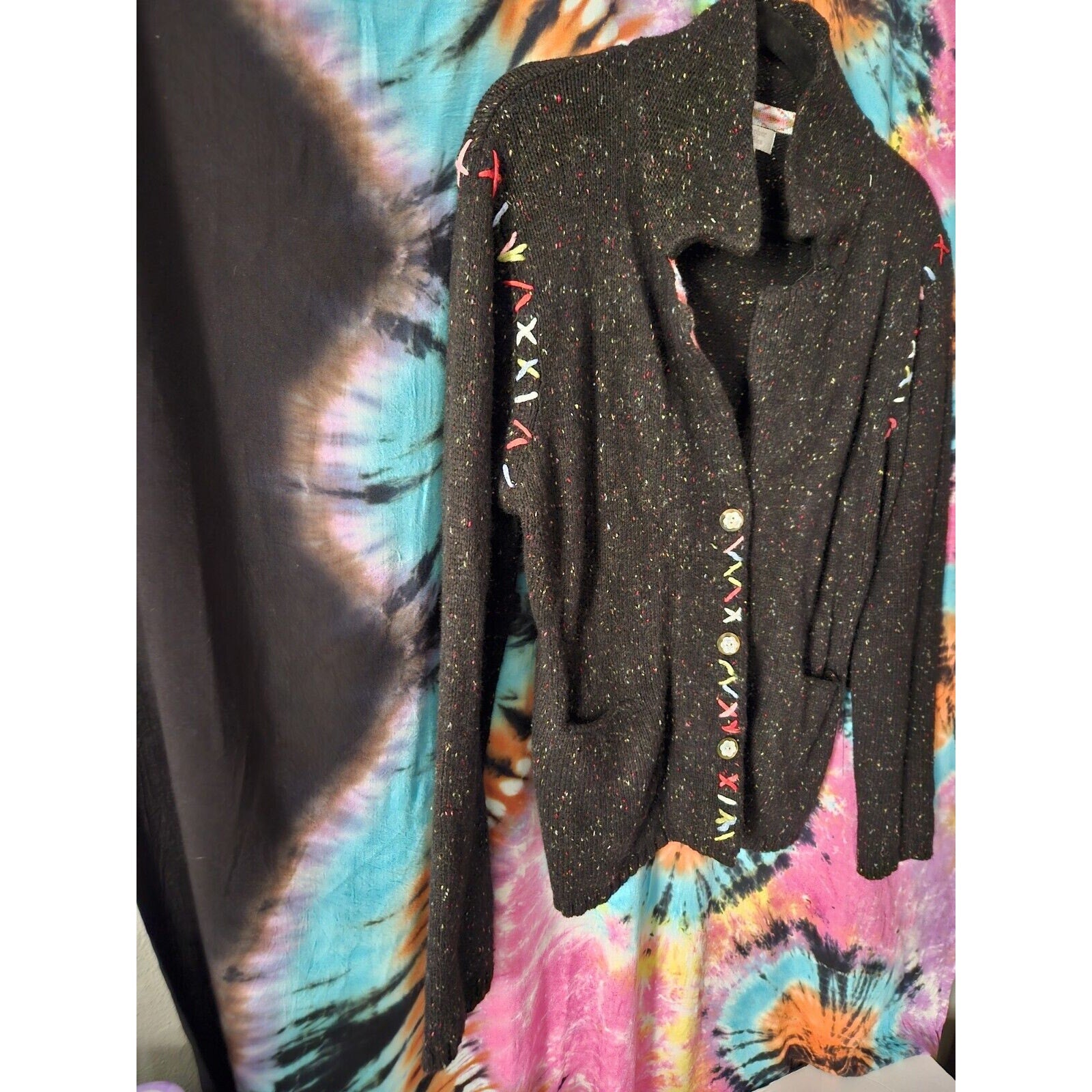 Christopher & Banks Black Confetti Button-Up Knit Sweater XL Stitch Ulgy Sweater