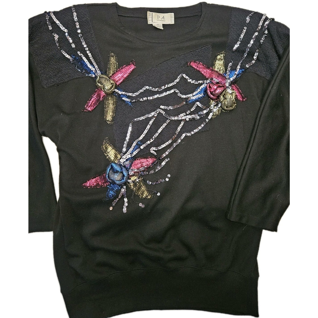 Vintage 80s P.A. International Sequin Floral Sweatshirt Ugly Sweater Small