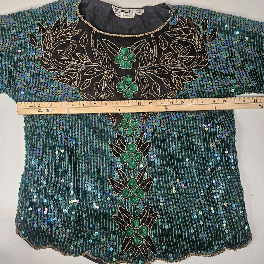 Vtg 90s Blue Green Sequin Beaded Silk Formal Top Party Y2K Gatsby Glam Sz Large