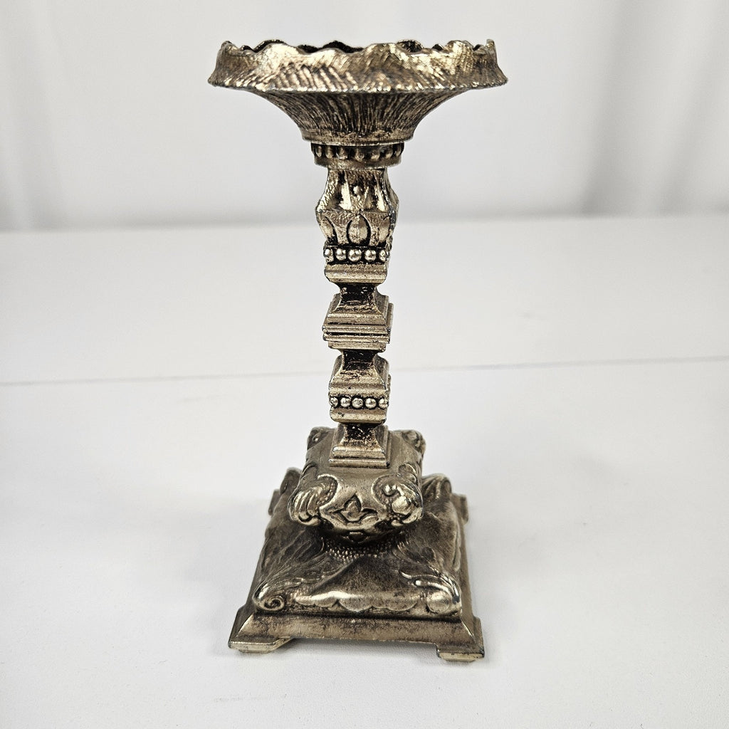 Vtg 19th Century Ornate Scrollwork Metal Candlesticks Pair Romantic Victorian