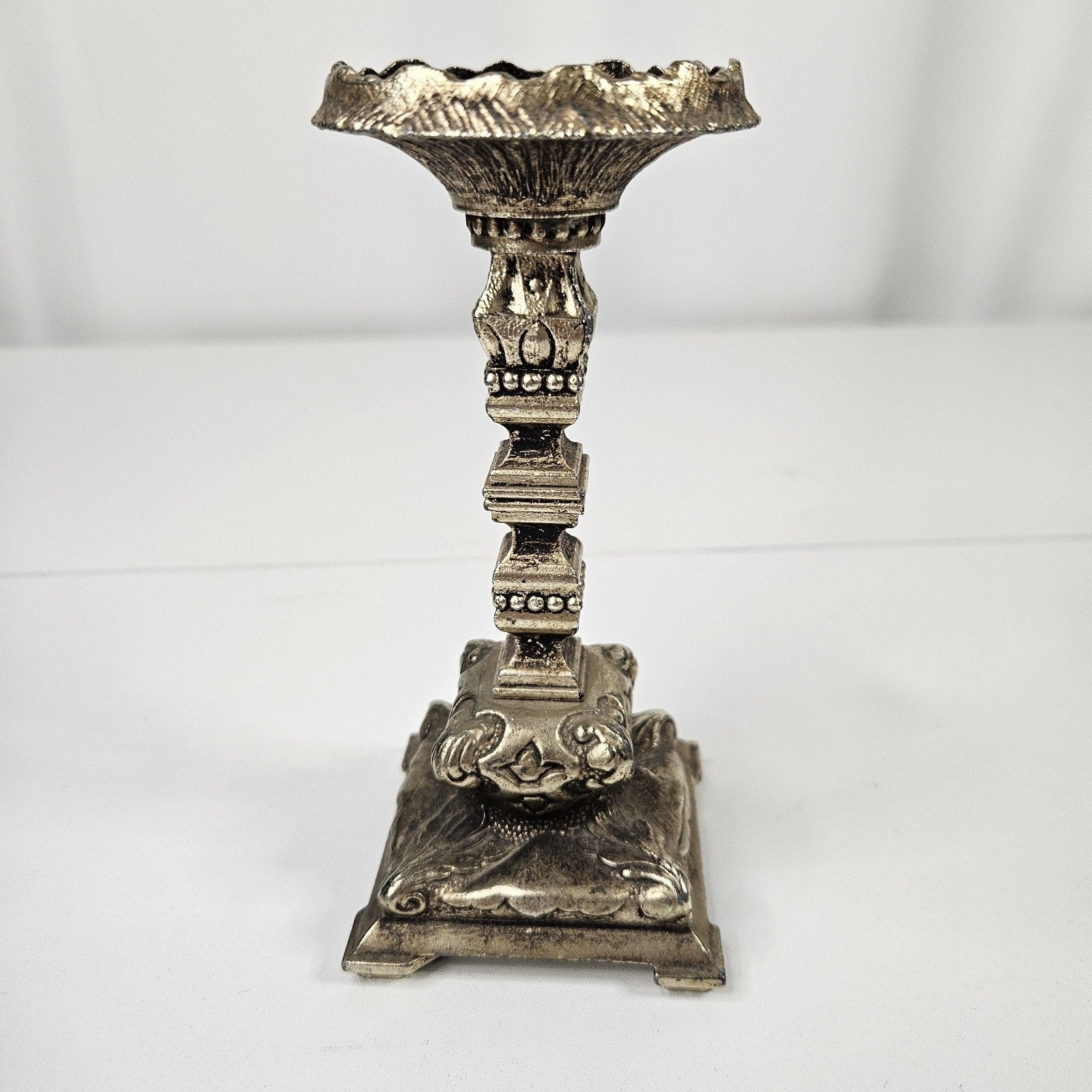 Vtg 19th Century Ornate Scrollwork Metal Candlesticks Pair Romantic Victorian