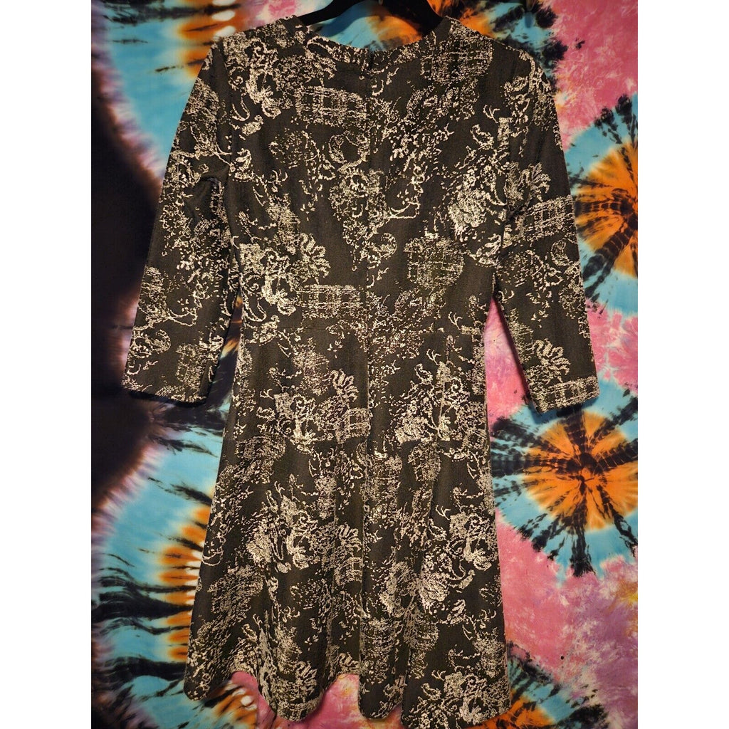 Nine West Women's Black White Fit & Flare Dress Stretch Textured 3/4 Sleeve Sz 4
