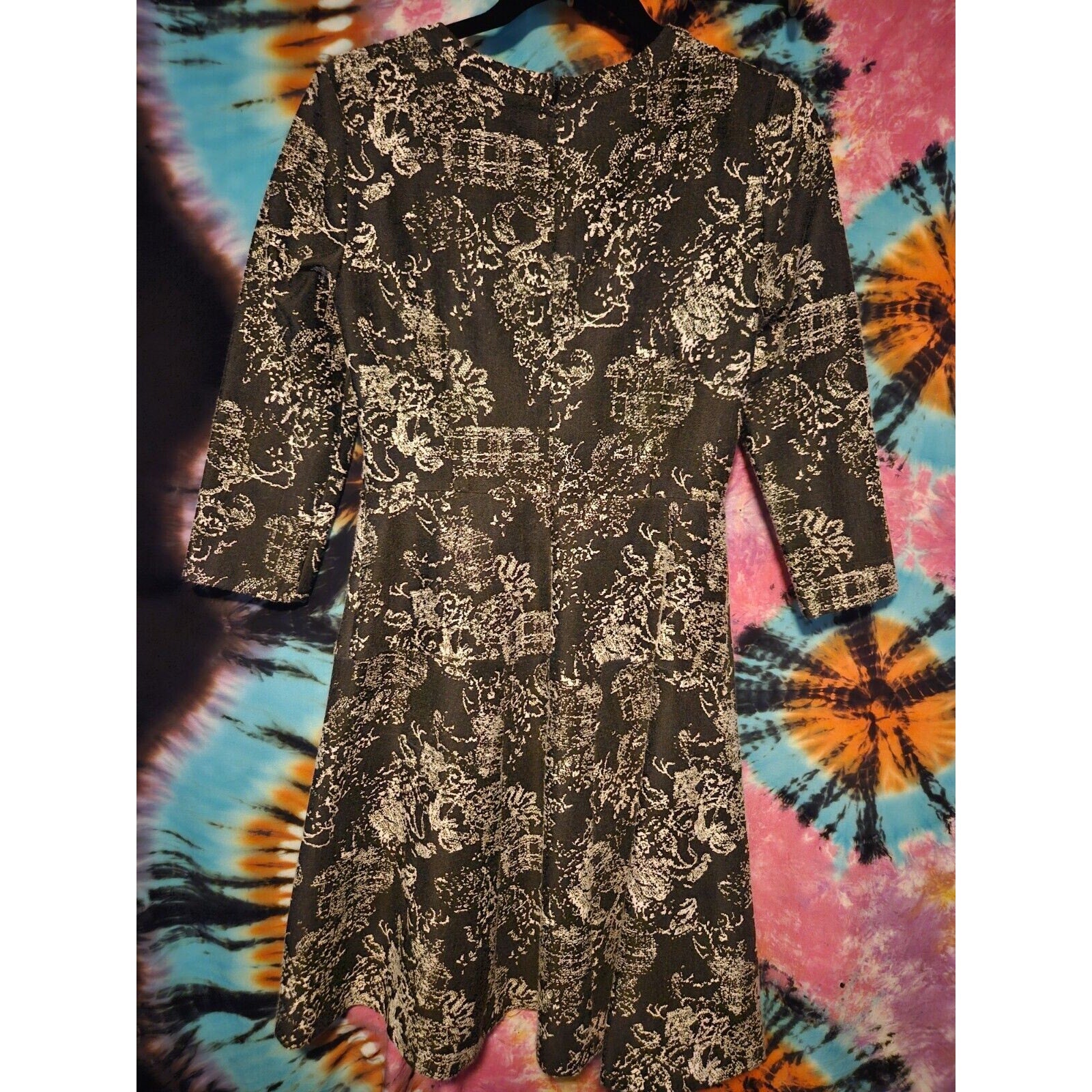 Nine West Women's Black White Fit & Flare Dress Stretch Textured 3/4 Sleeve Sz 4