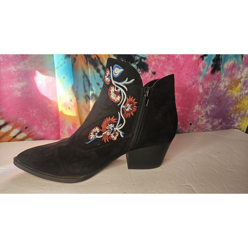 Carlos Santana Layne Ankle Boots Floral Embroidery Faux Suede Side Zip Size 9 M