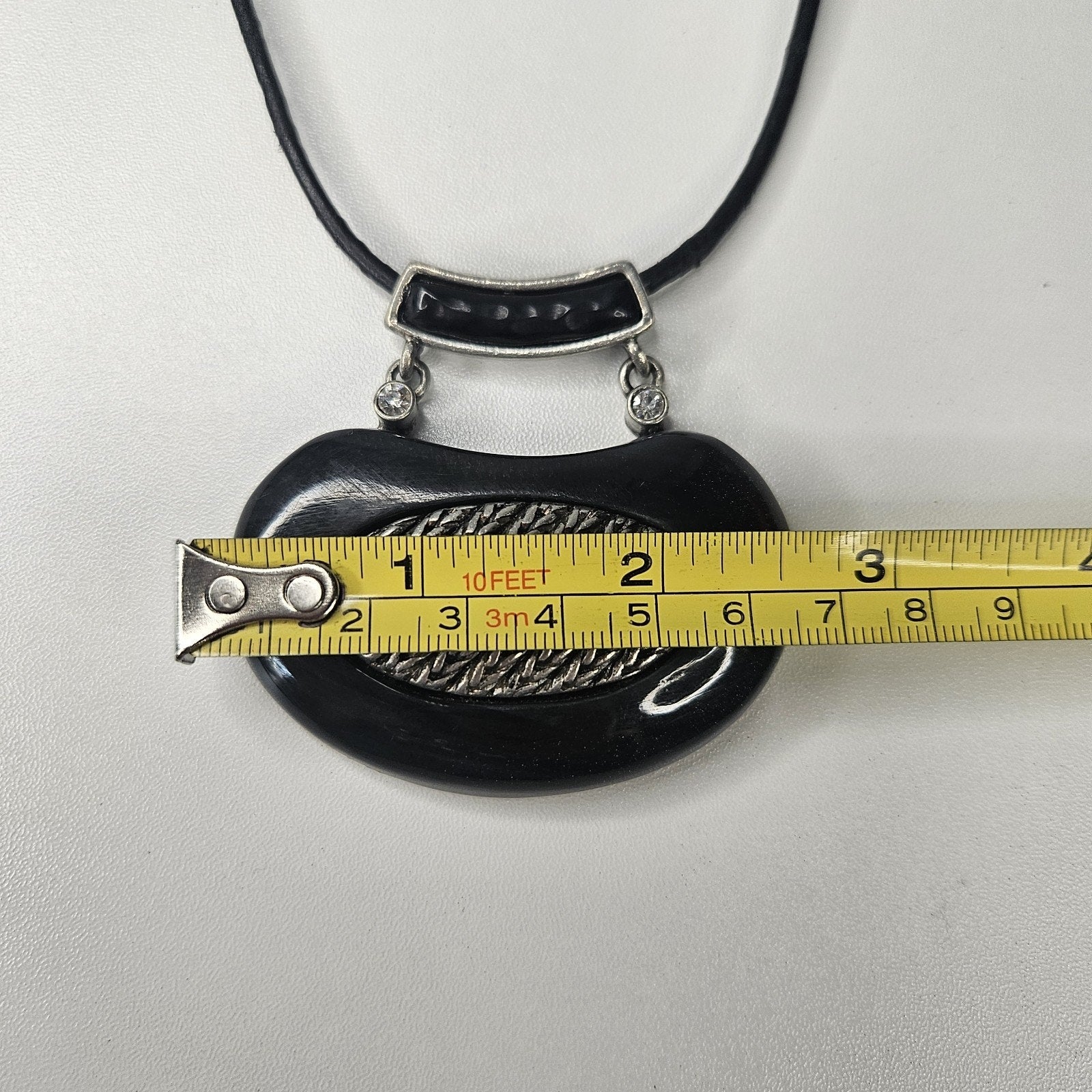 CHICO'S Necklace Black Stone & Pewter Tone Pendant Black Cord Chain