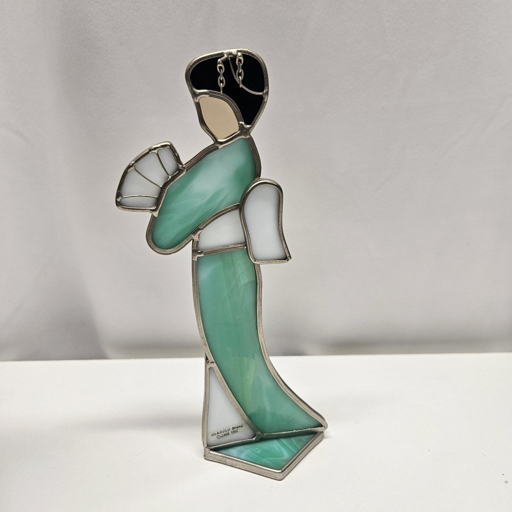 Vtg Stained Glass Geisha Japanese Stain Glass Figure Standing Fan Glasglo Brand