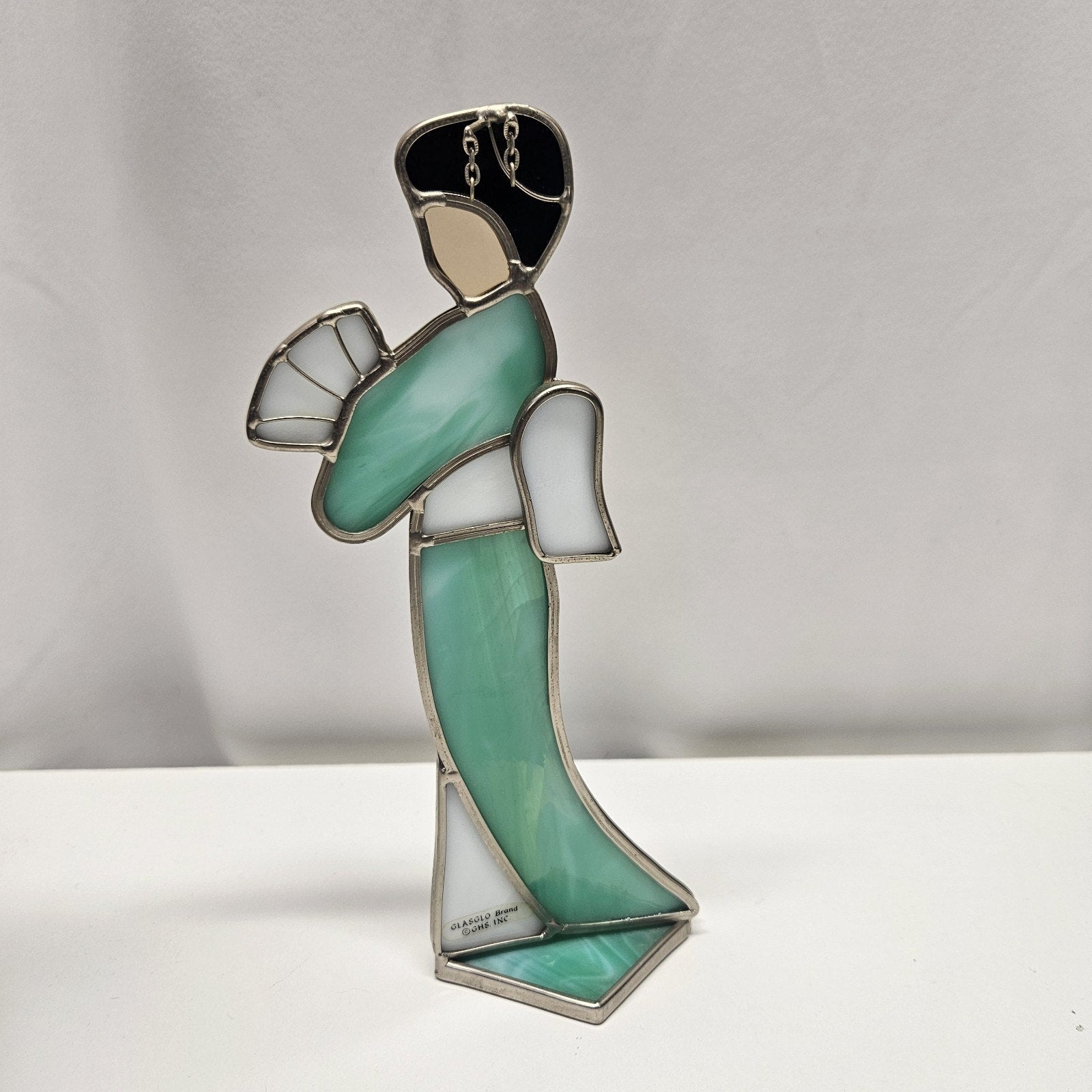 Vtg Stained Glass Geisha Japanese Stain Glass Figure Standing Fan Glasglo Brand