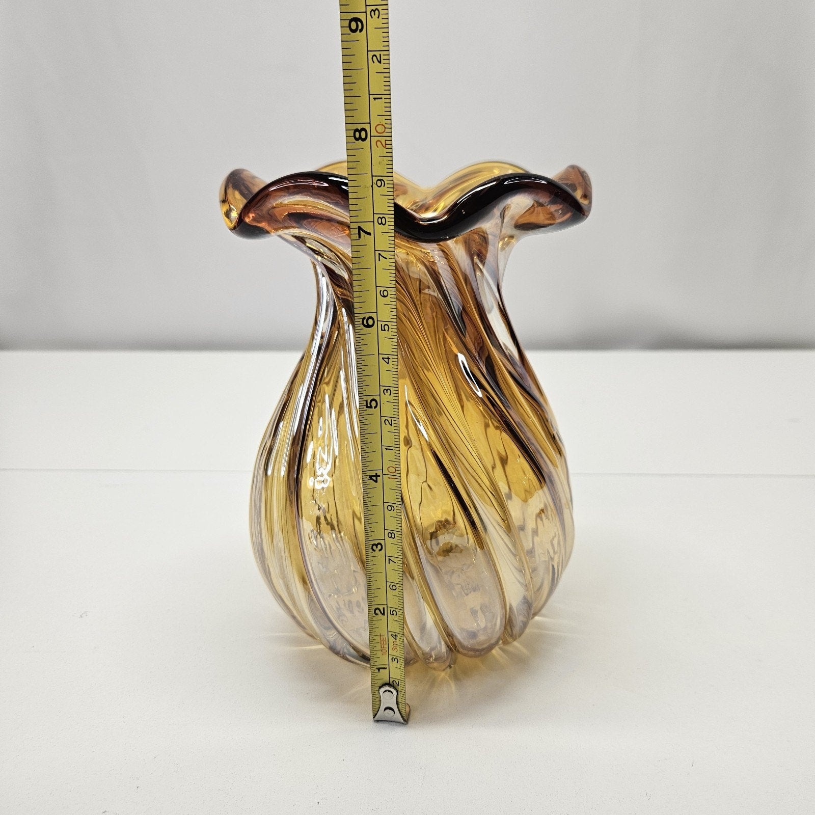Retro Glass Art Vase Amber Vase Vintage Tulip Swirl Mid-Century 7.5x4" Flower