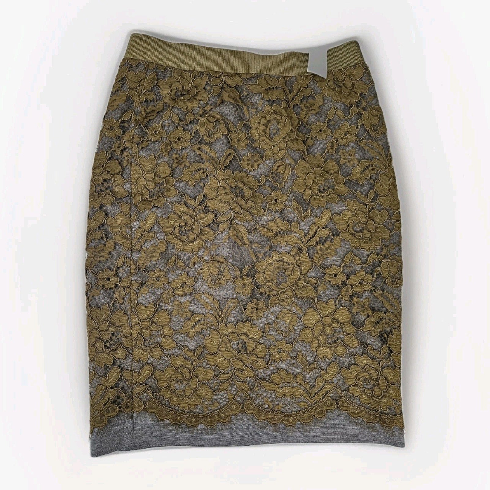 Nwt LOFT Olive Green Lace Pencil Skirt Size 00 XS Ponte Knit Stretch Ann Taylor