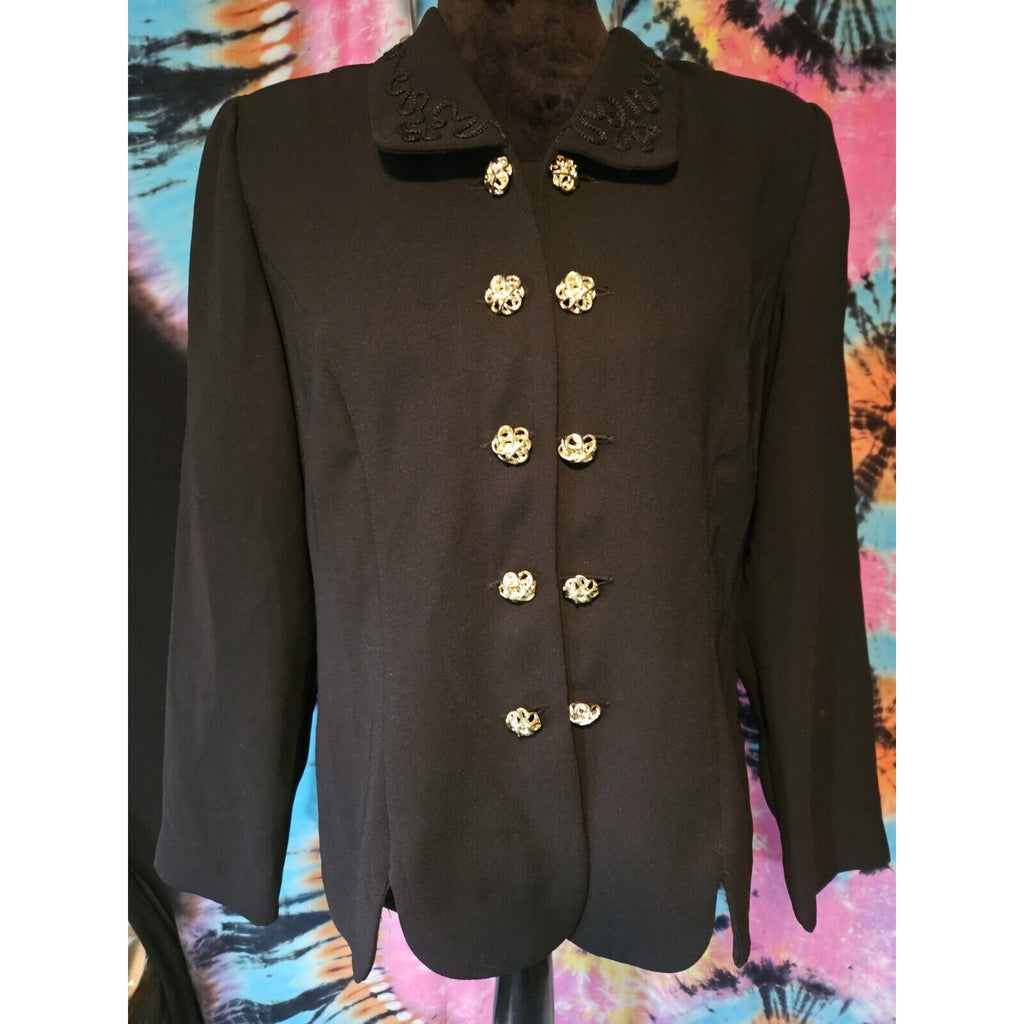 Vintage 90s Leslie Fay Women's Black Double Breasted Blazer Blouse 14 Petite