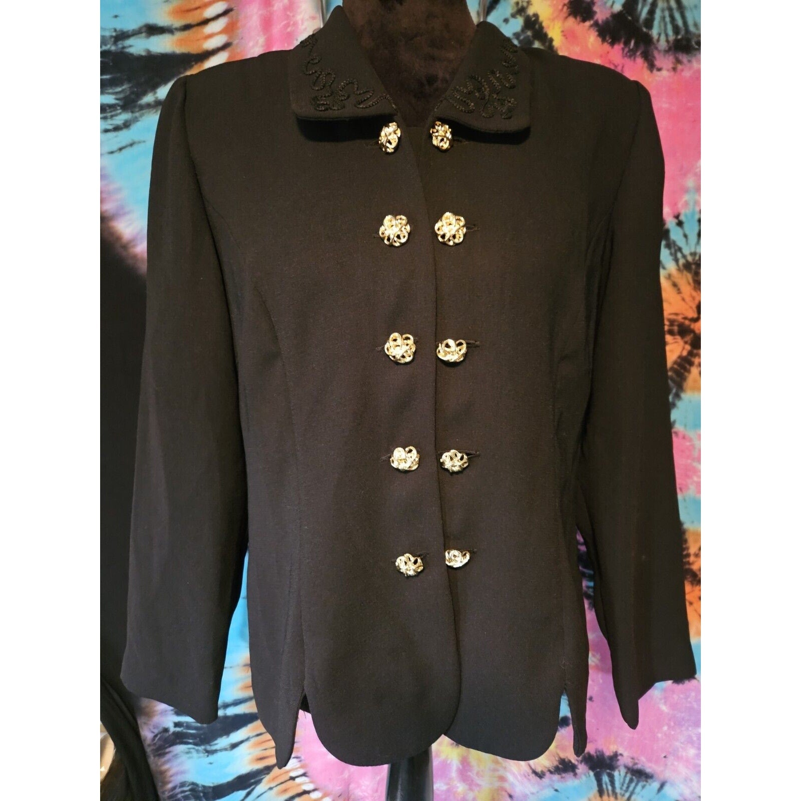 Vintage 90s Leslie Fay Women's Black Double Breasted Blazer Blouse 14 Petite