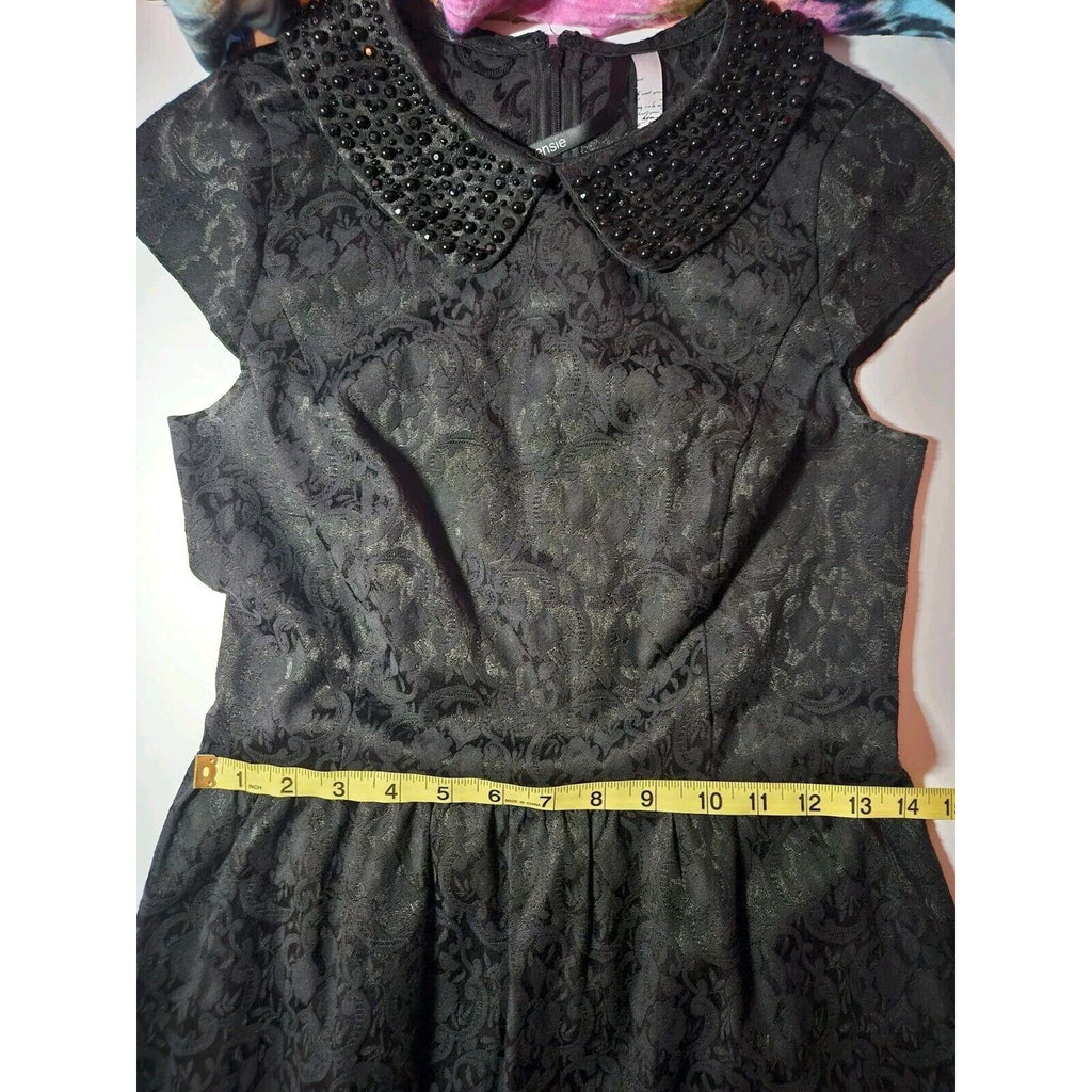 Kensie Black Brocade Print Embellished Beaded Collar Cap Sleeve Dress Size Small