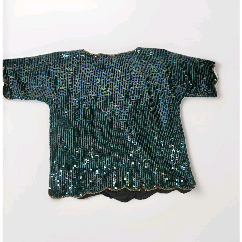 Vtg 90s Blue Green Sequin Beaded Silk Formal Top Party Y2K Gatsby Glam Sz Large