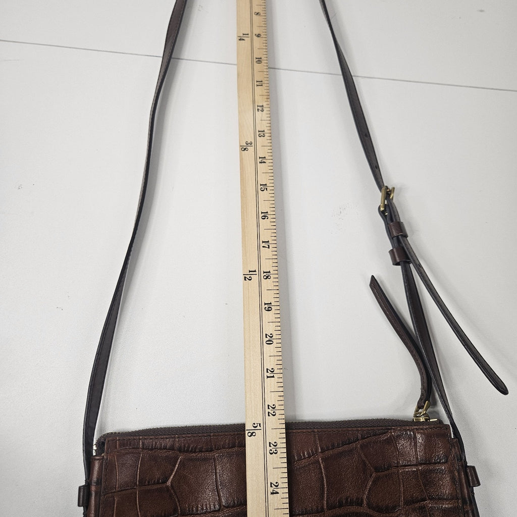 Vintage FOSSIL Croc Embossed Brown Leather Shoulder Crossbody - 10 x 8"