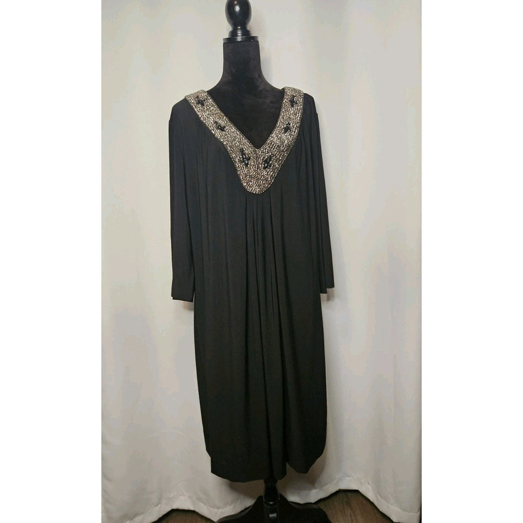 Bisou Bisou Woman Dress 24W Black Beaded Long-sleeve V Neck Pullover Party Dress
