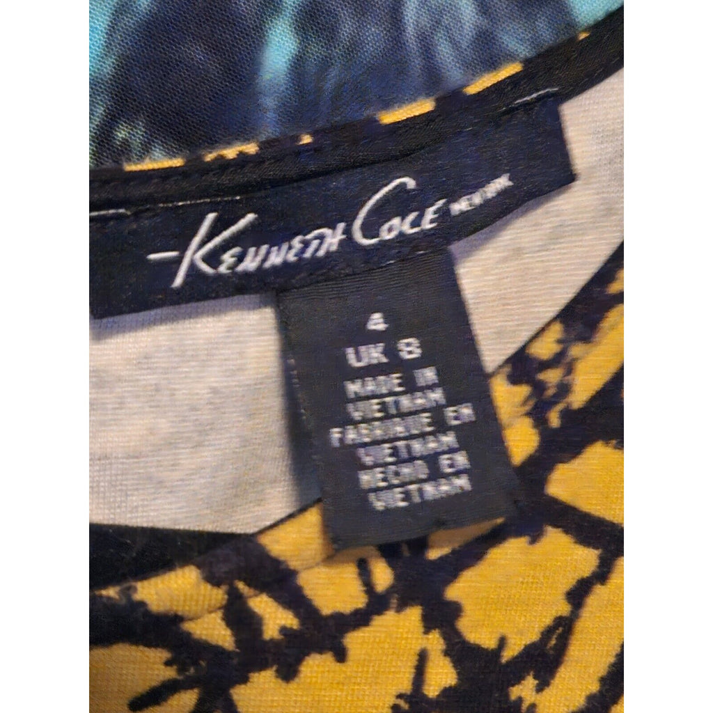 Vintage Kenneth Cole Body Con Zipper Ruched Dress Yellow & Black Abstract Print Size 4