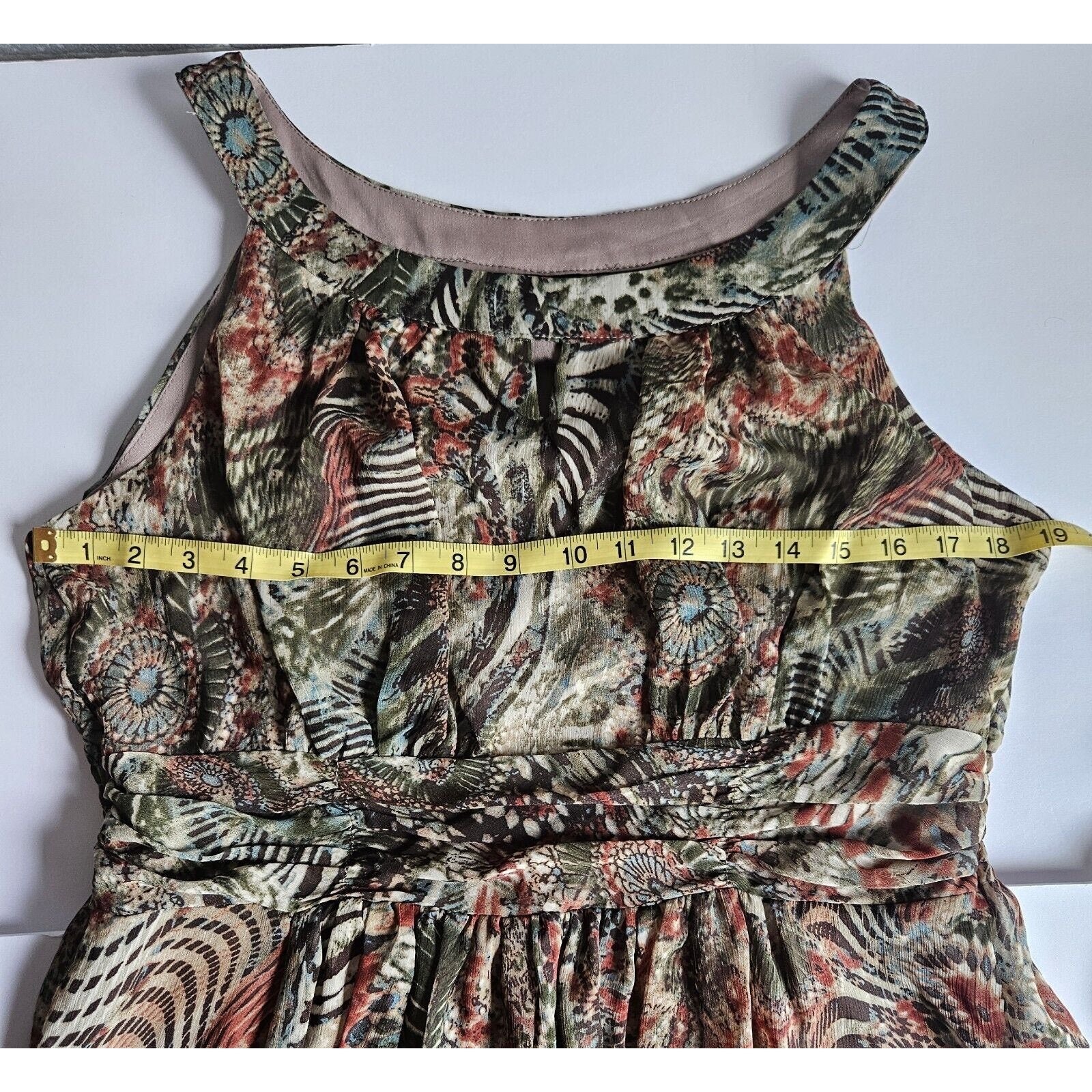 Perceptions New York Green Brown Tan Sleeveless Long Ruched Waist Poly Dress 14