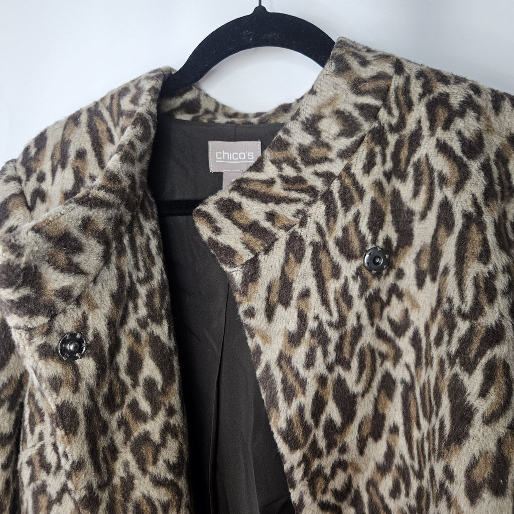 Chicos Fierce Womens Faux Fur Emma Jacket 2 Large Leopard Brown Tan Cheetah Coat