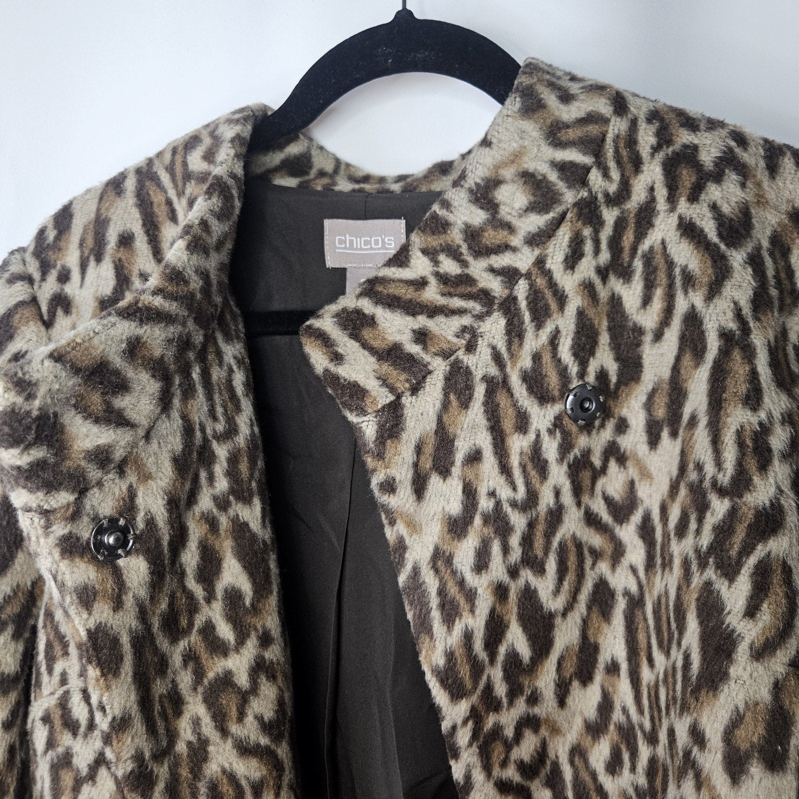 Chicos Fierce Womens Faux Fur Emma Jacket 2 Large Leopard Brown Tan Cheetah Coat