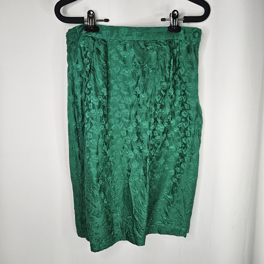 Vintage Patrick 100% Silk Pencil Skirt Emerald Green Floral Midi Retro Sz 6