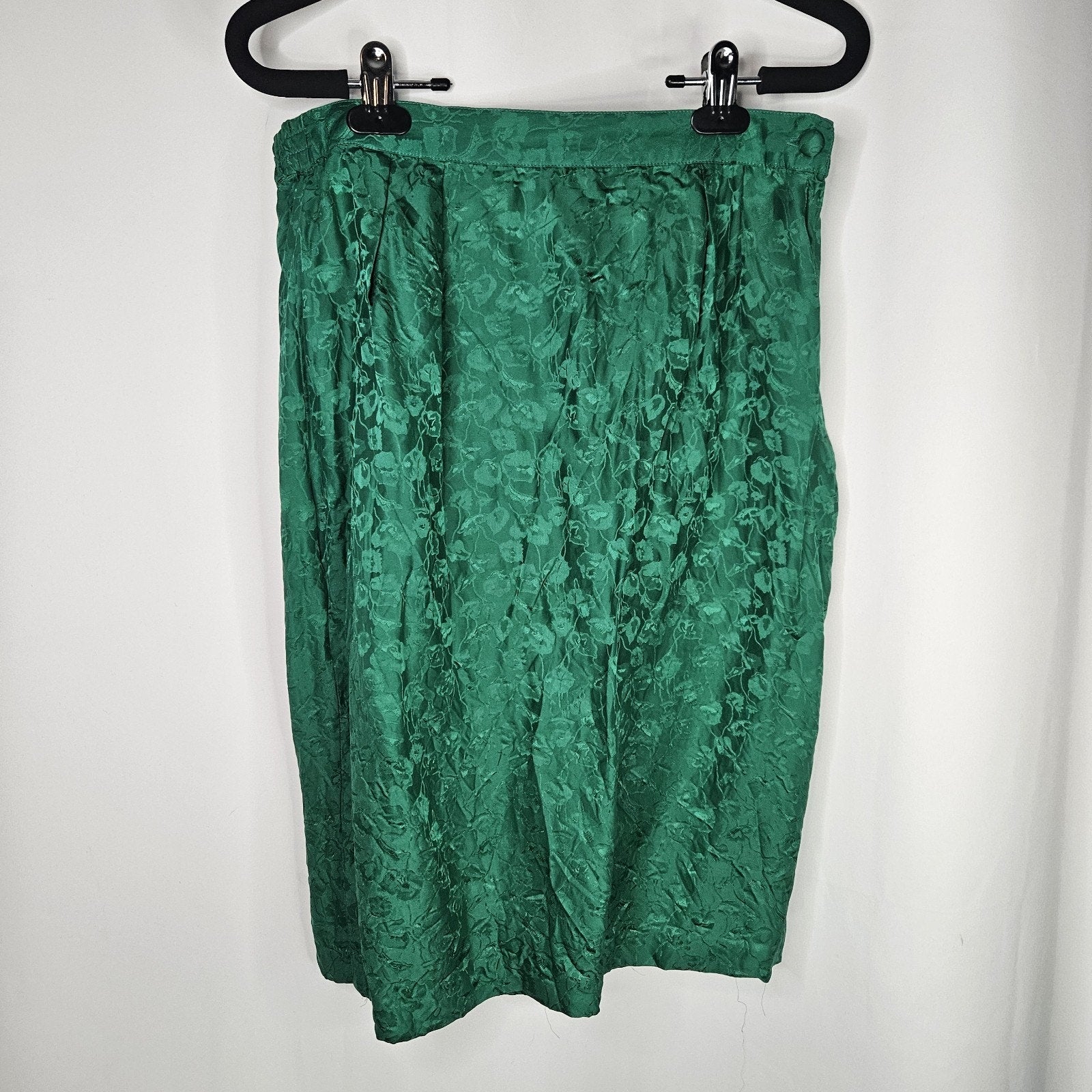 Vintage Patrick 100% Silk Pencil Skirt Emerald Green Floral Midi Retro Sz 6