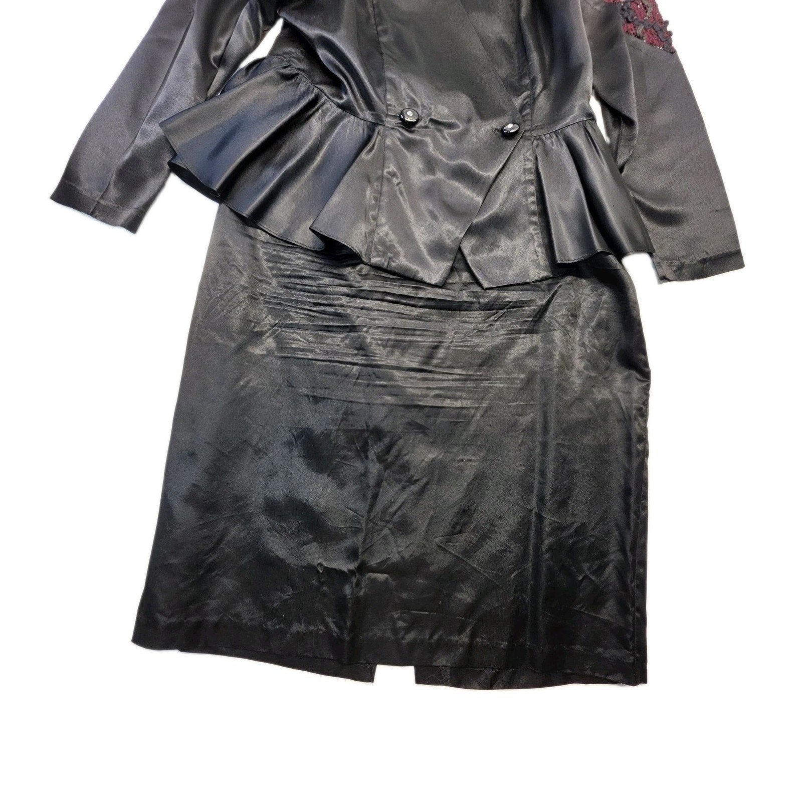 Vintage 1980s Skirt Suit Black Satin Peplum Jacket Blazer Embellished Lace Sz 14