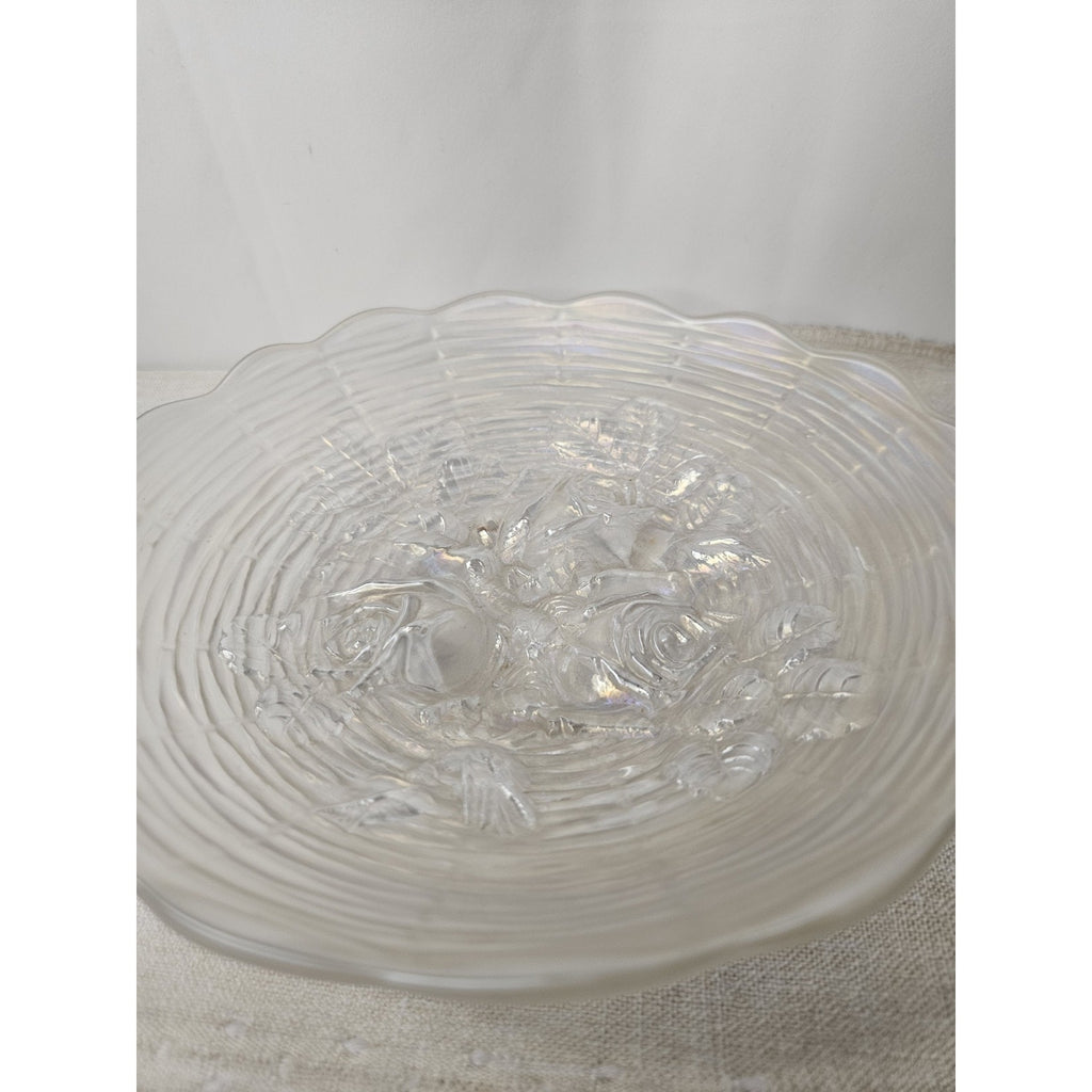 Antique Northwood White Carnival Glass Rose Show Deep Plate Iridescent Frosted
