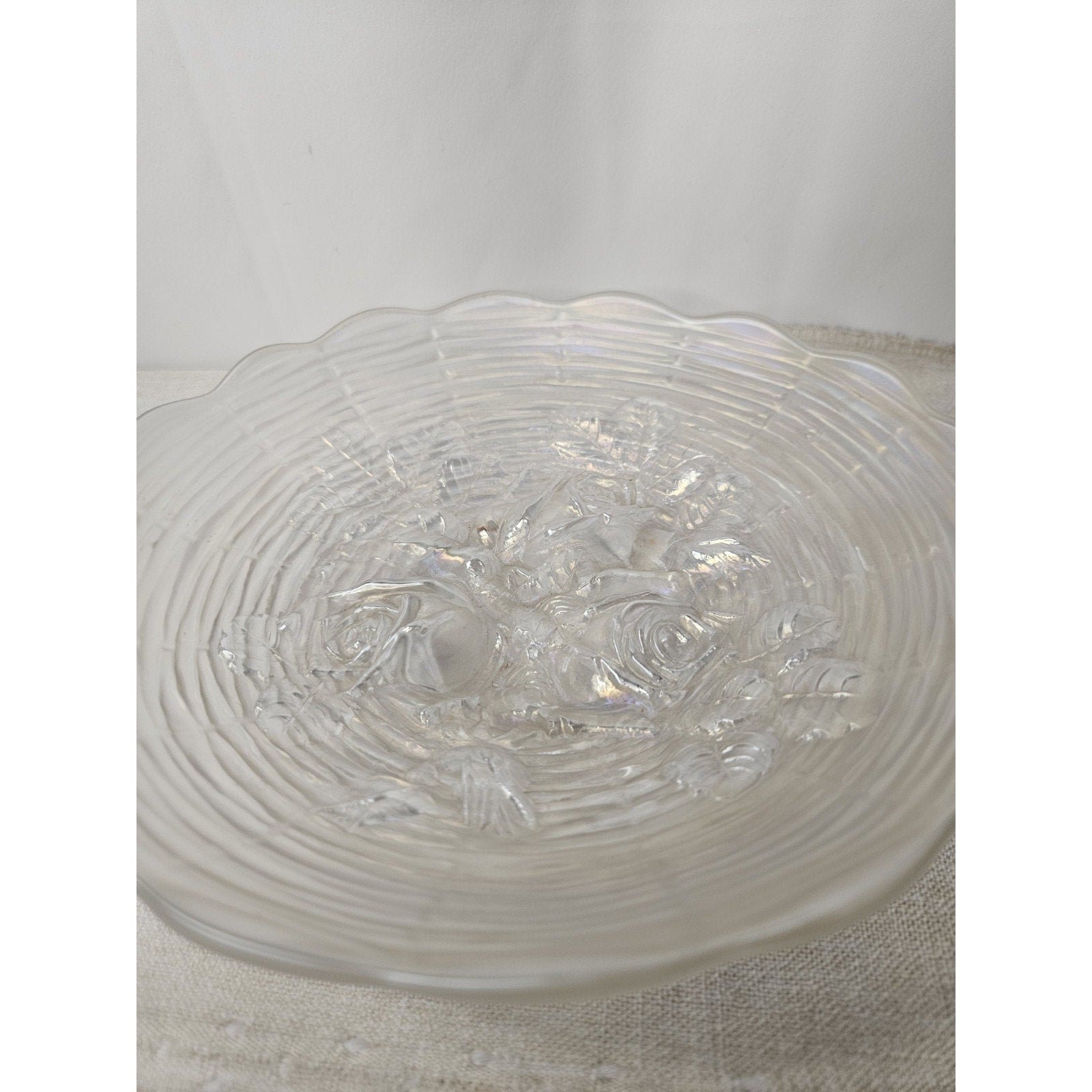 Antique Northwood White Carnival Glass Rose Show Deep Plate Iridescent Frosted