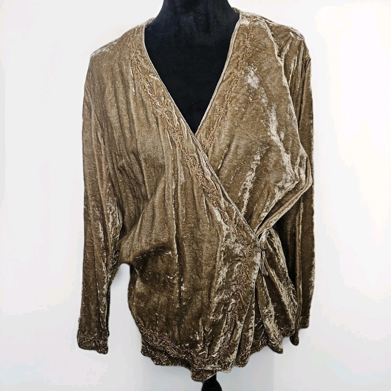 Women’s Golden Brown Crushed Velvet Wrap Top Size XL Retro Boho Fairy Peasant