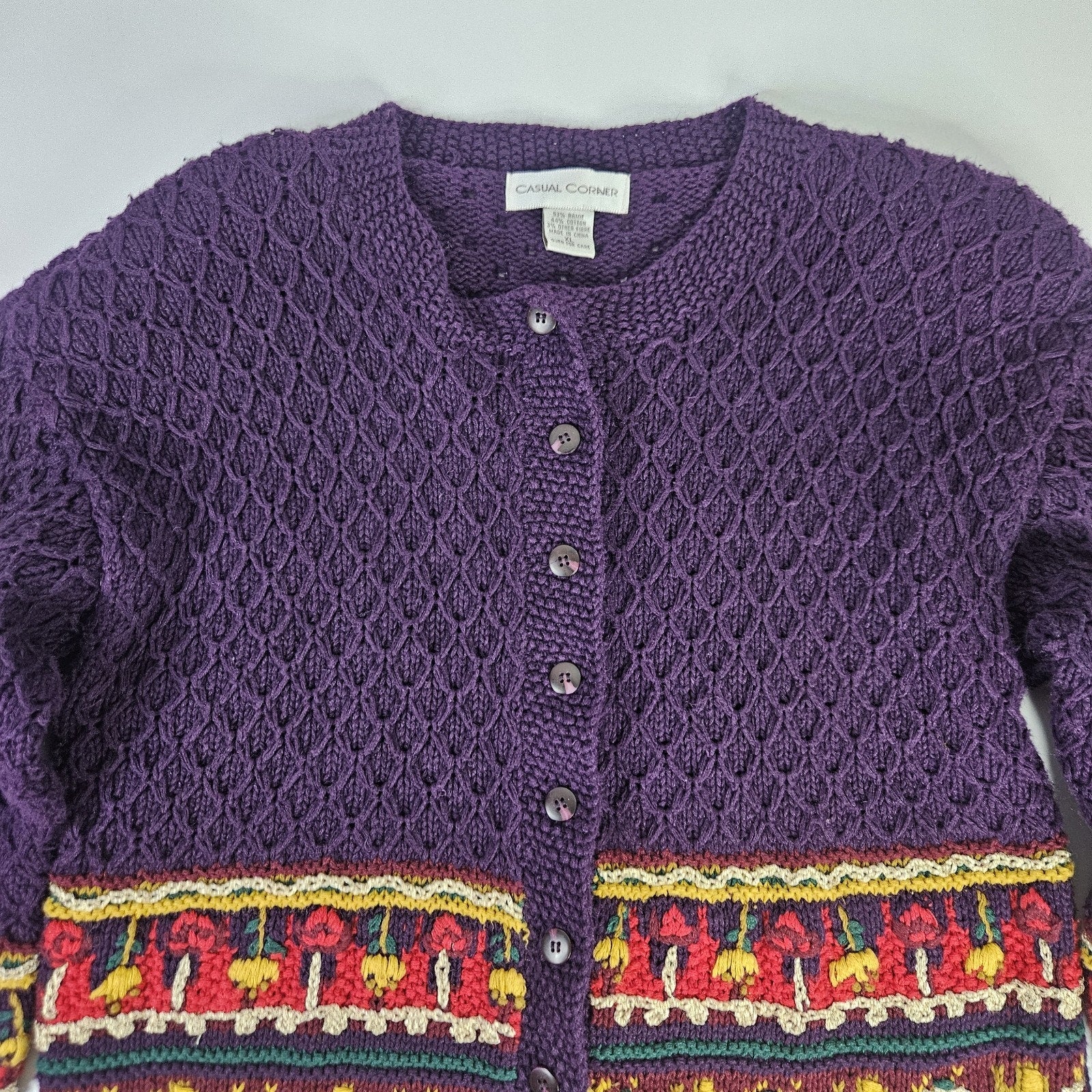 Vintage 90s Chunky Knit Cardigan Sweater Colorful XL Cottagecore Artsy Granny
