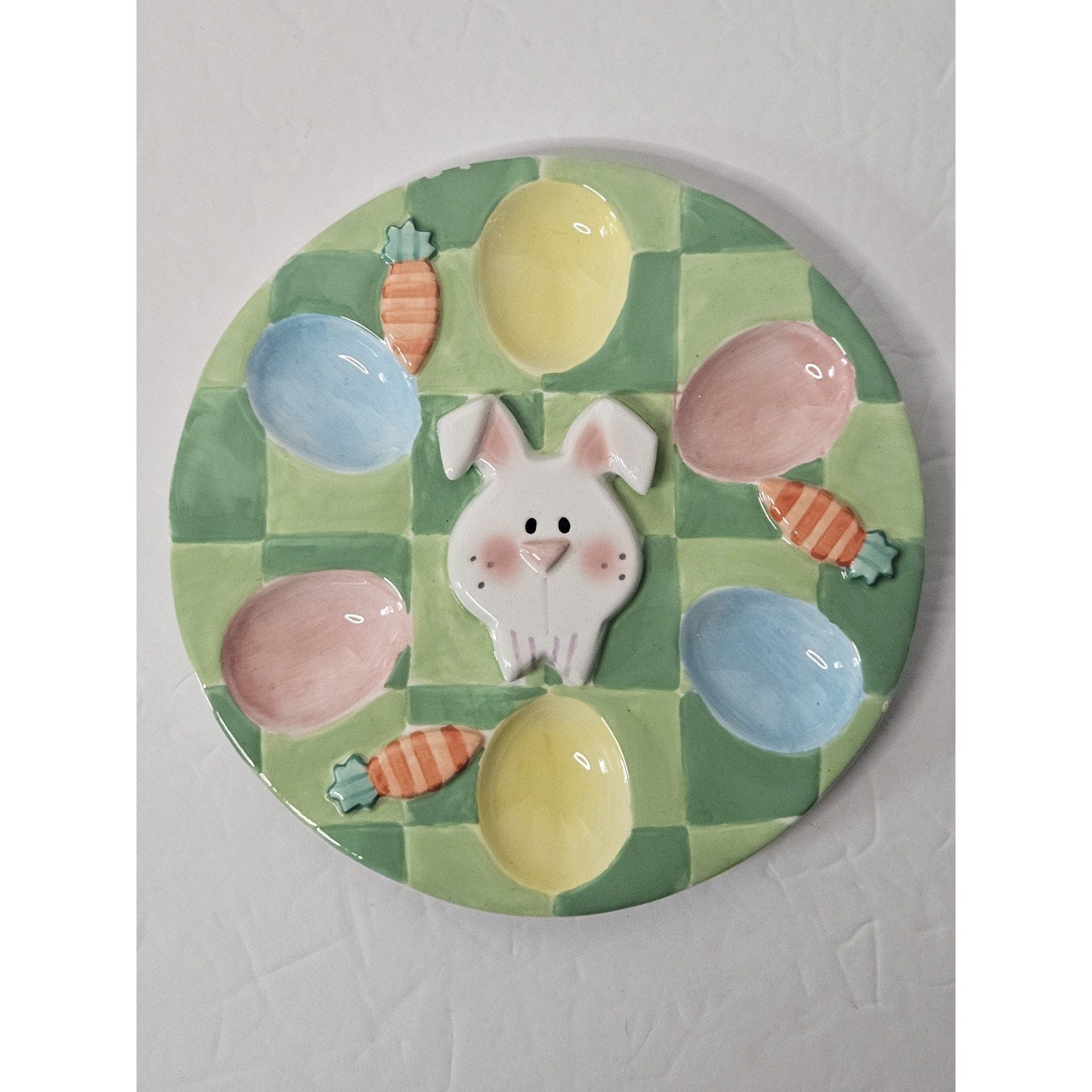 Easter Bunny 7 Carrots Egg Plate Holds 6 Eggs 7" Round Colorful Ceramic Easter
