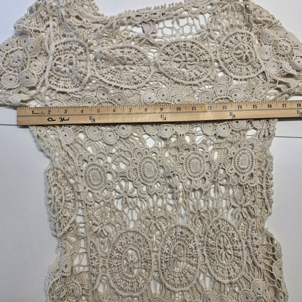 Y2K Open Knit Crochet Lace Mini Dress Cream Bohemian Beach Hippie Festival Small