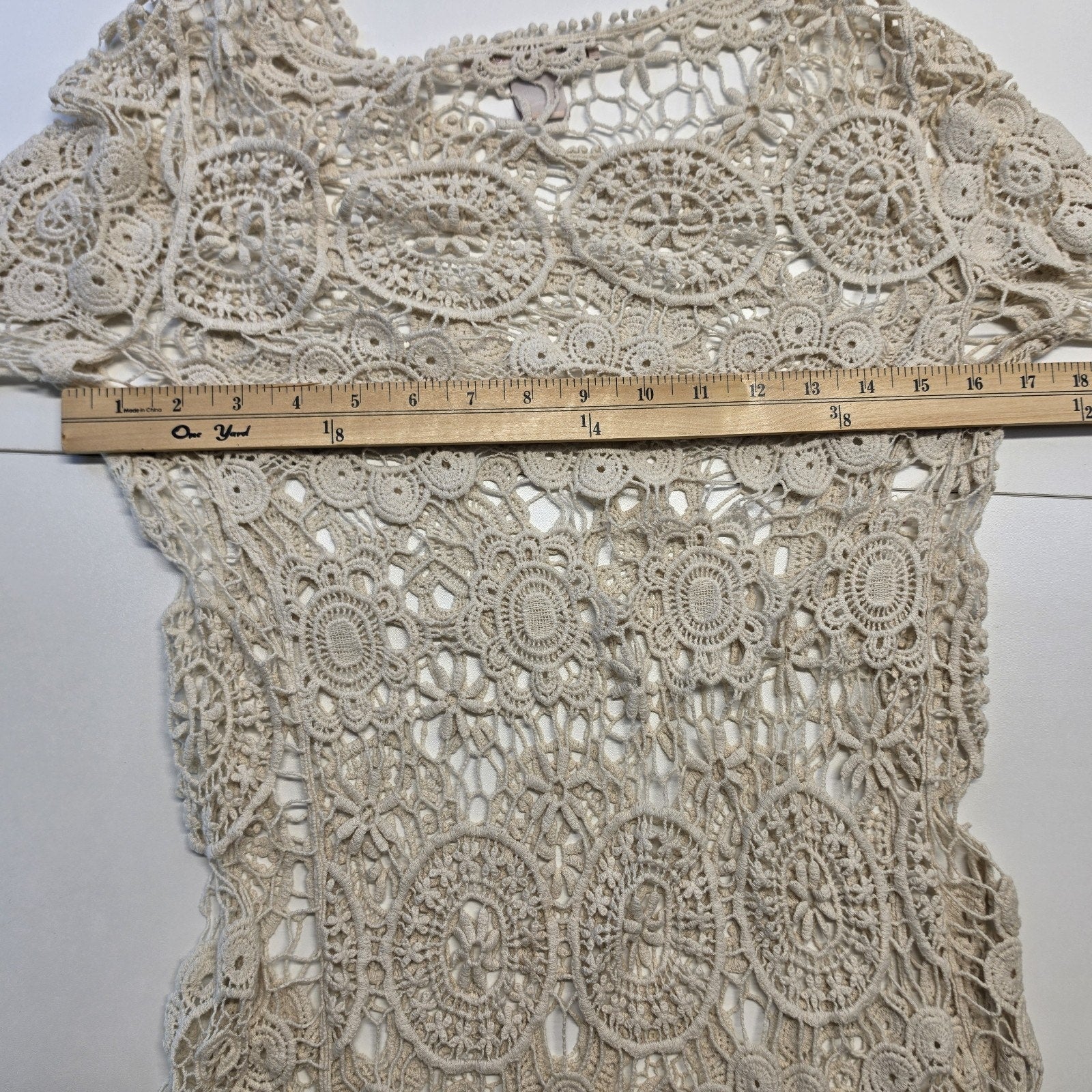 Y2K Open Knit Crochet Lace Mini Dress Cream Bohemian Beach Hippie Festival Small