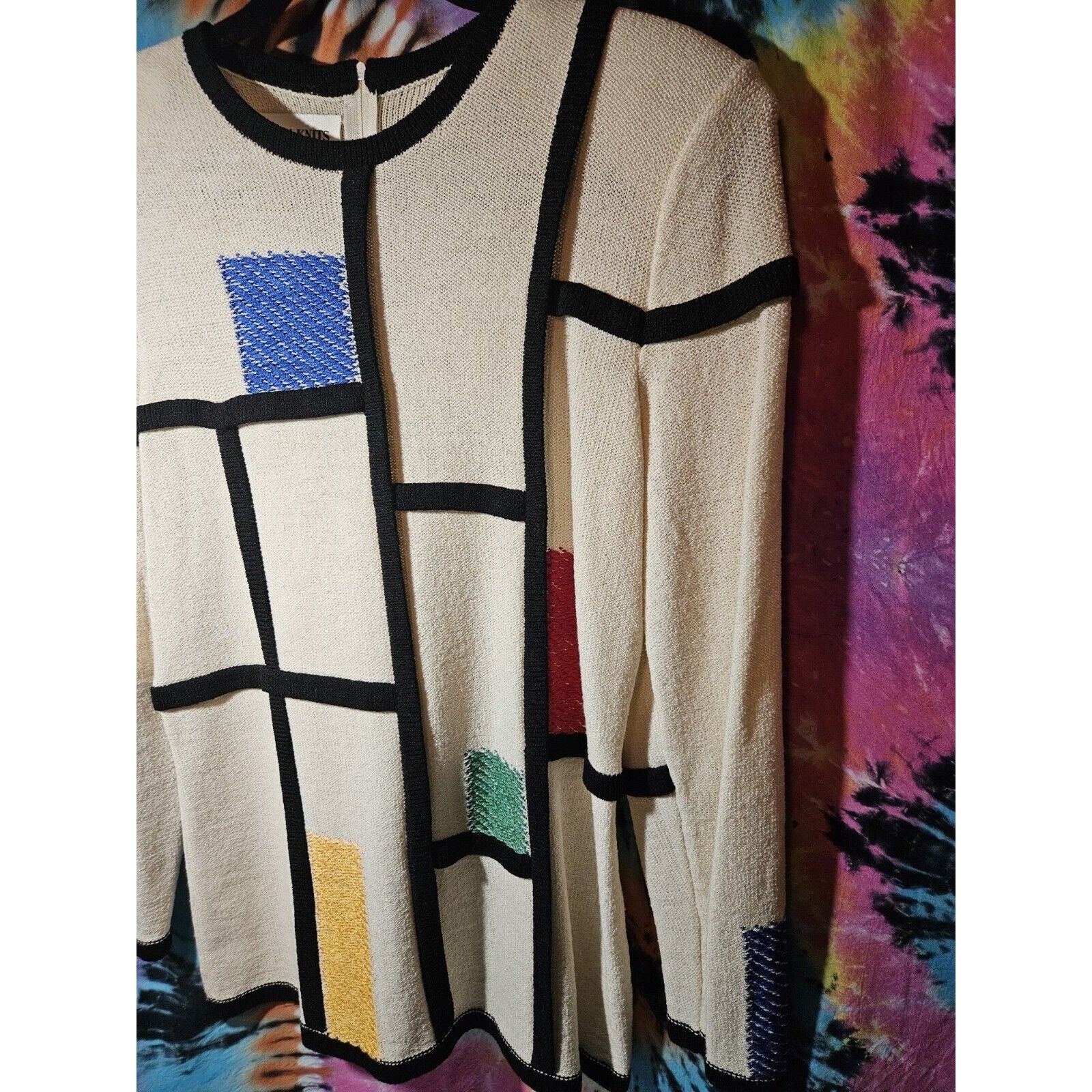 Vintage 80s 90s Viana Knits Tunic Sweater Mondrian Art Color Block 60s Style Size 12