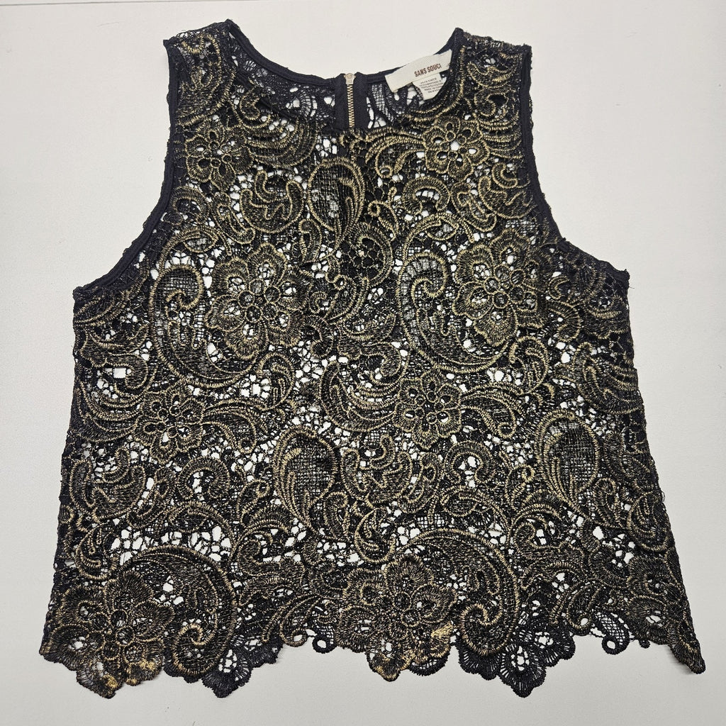 Vtg Sans Souci Black and Gold Metallic Lace Sleeveless Party Tank Top Zipper XS