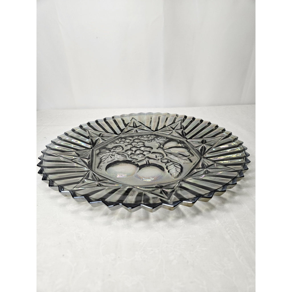 Vtg Federal Pioneer Iridescent Smoky Gray Carnival Glass Plate Dish 11" Tray