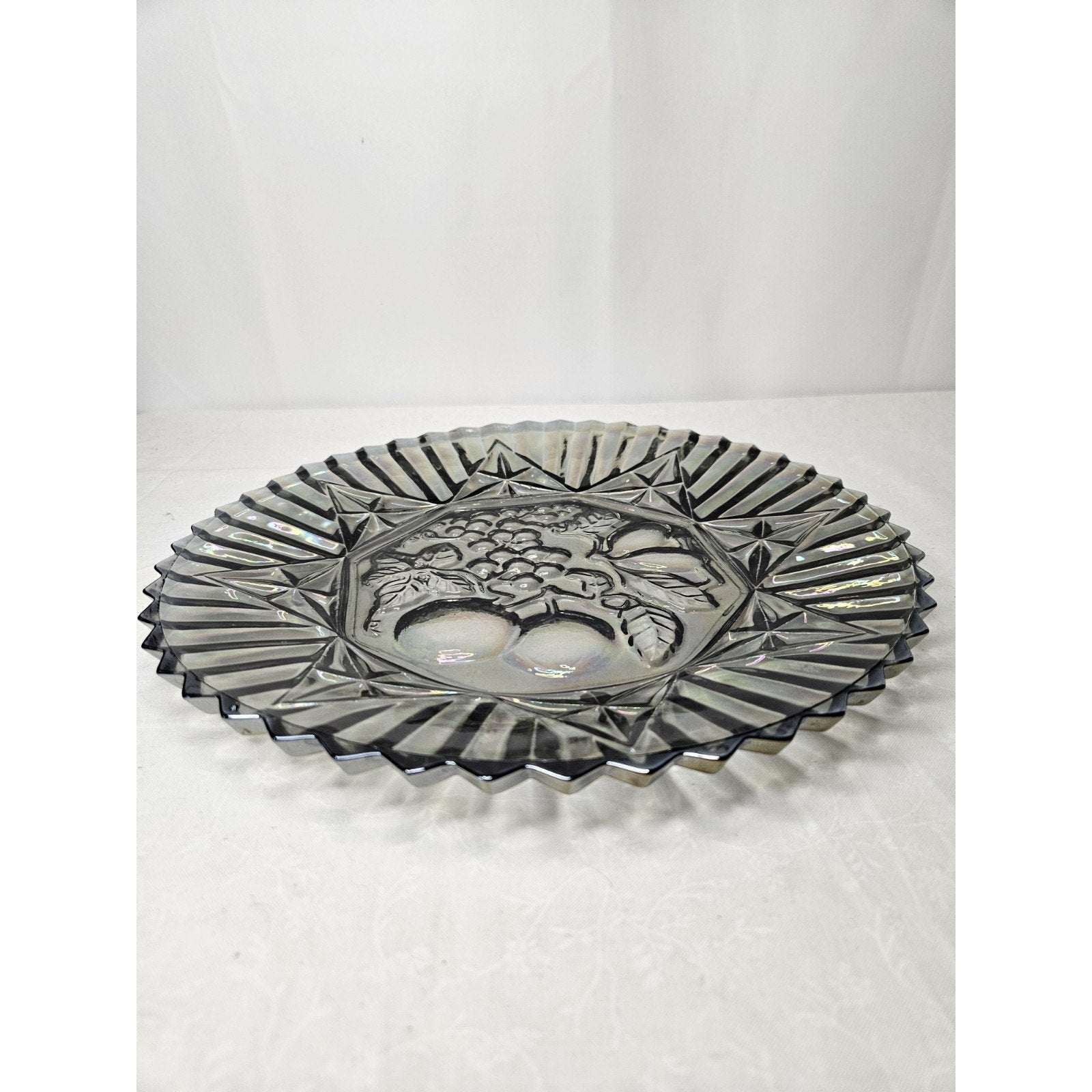 Vtg Federal Pioneer Iridescent Smoky Gray Carnival Glass Plate Dish 11" Tray