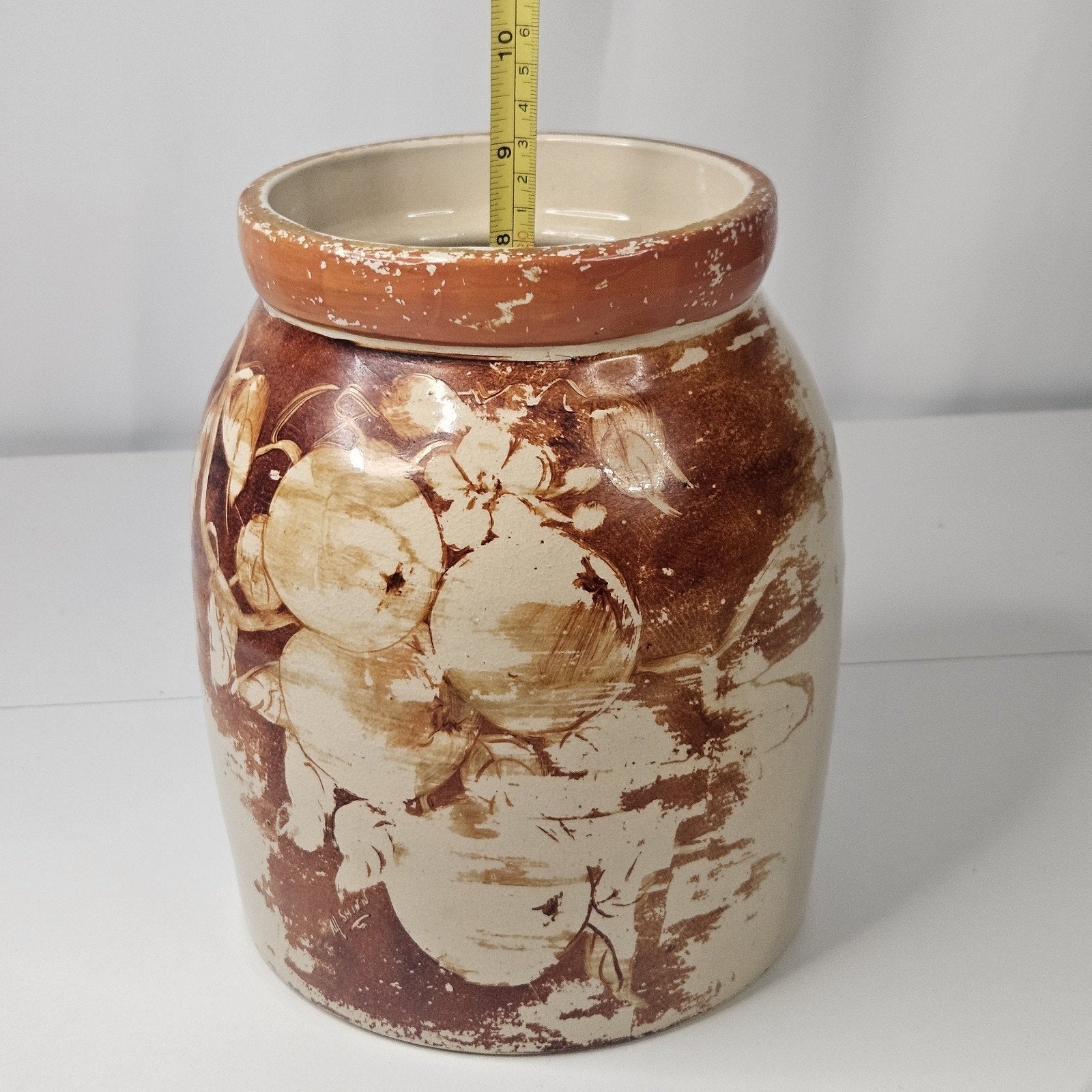 Vintage Glazed Pottery Abstract Fruit Print Cookie Jar Retro Kitchen Storage