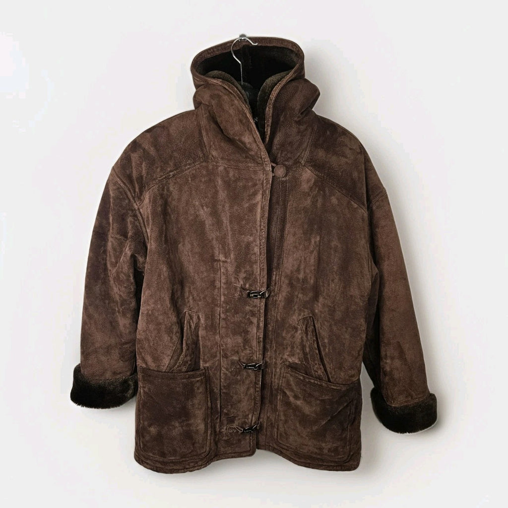 Vintage Synergy Oversized Leather Faux Shearling Coat Large Chocolate Brown